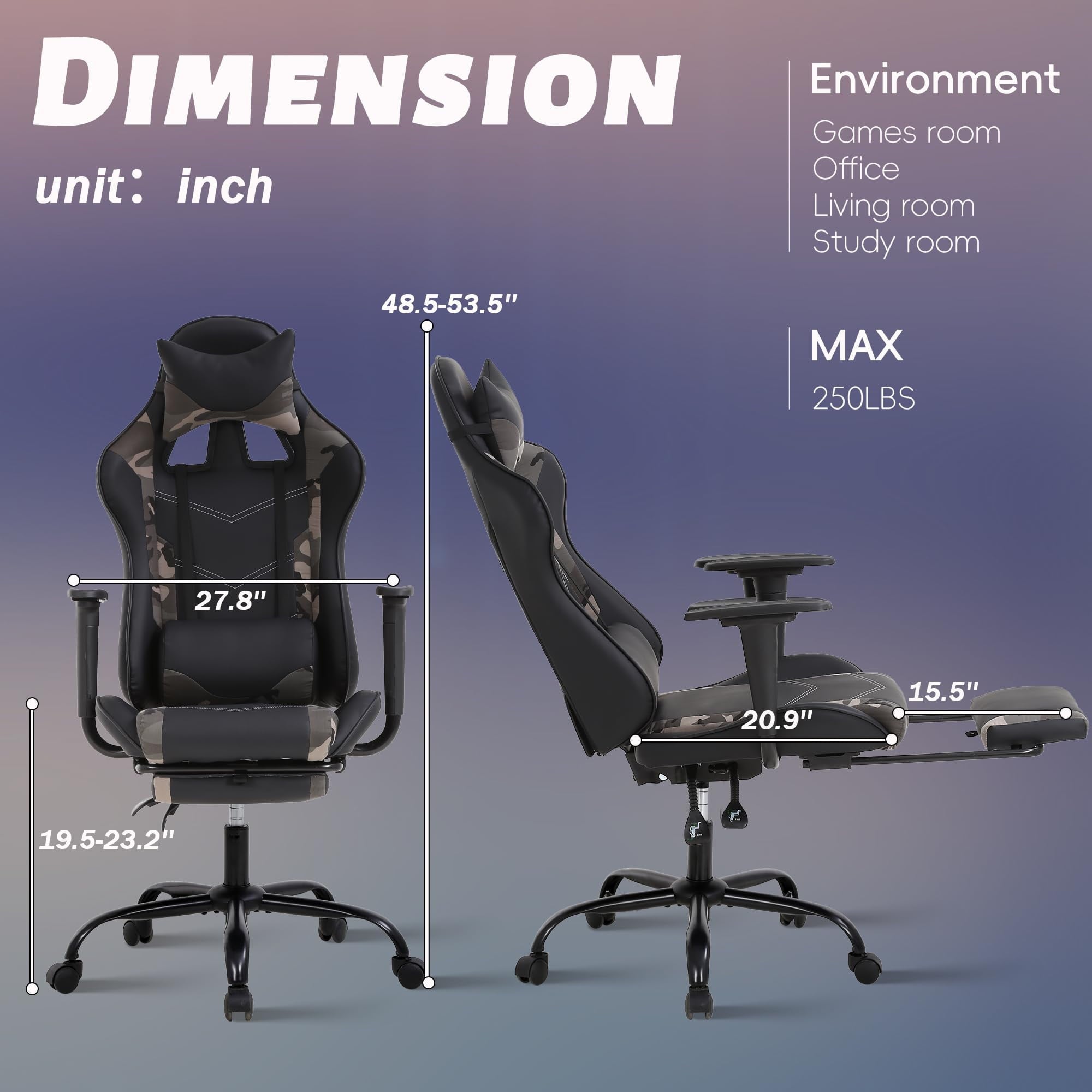 YRLLENSDAN Gaming Chair with Footrest & Adjustable Headrest for Adults Teen, Big and Tall Gamer Chair, Reclining Computer Gaming Chair, Black and Camo