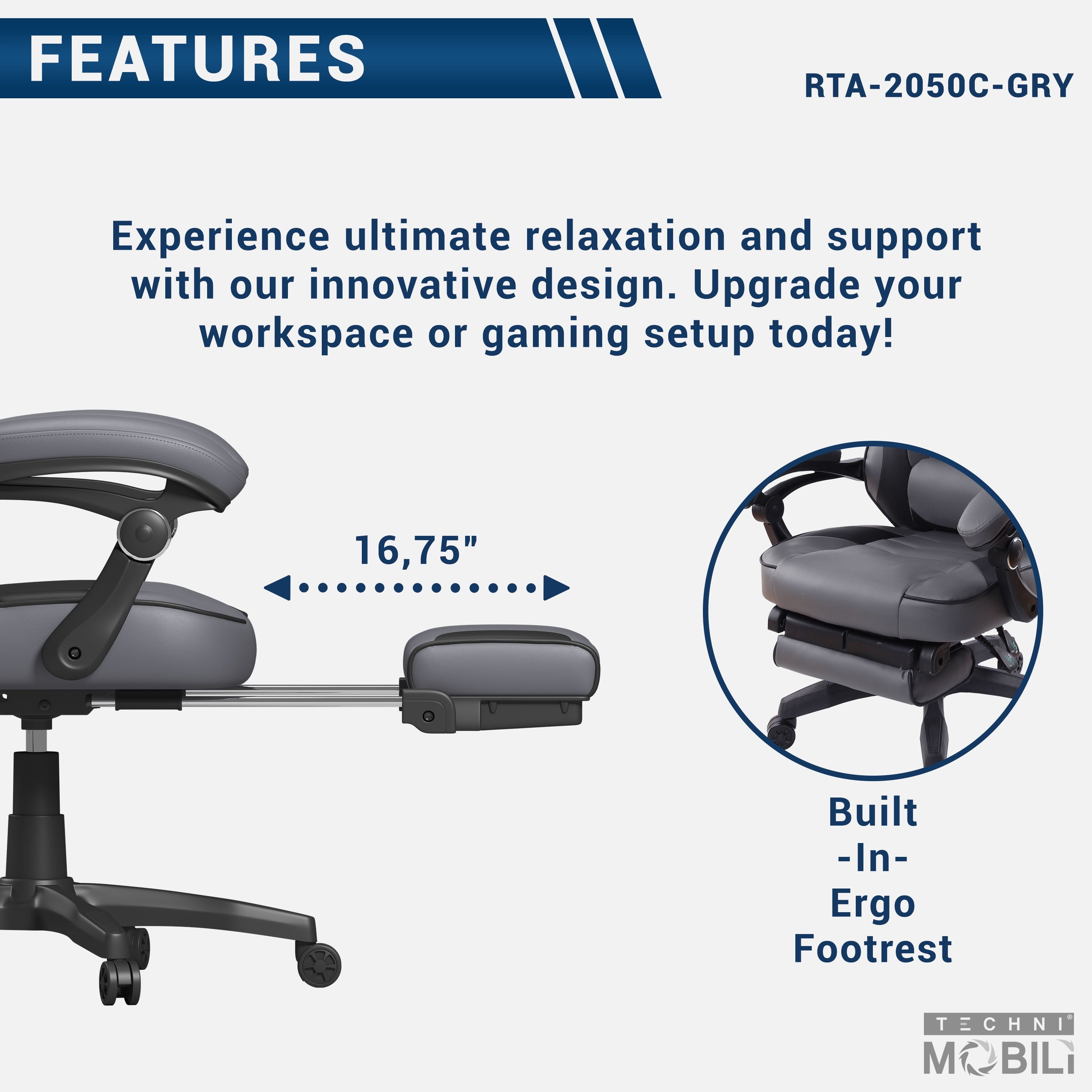 Techni Mobili Gaming Racing Style Fully Reclining Executive Office Chair with Footrest, Gray RTA-2050C-GRY