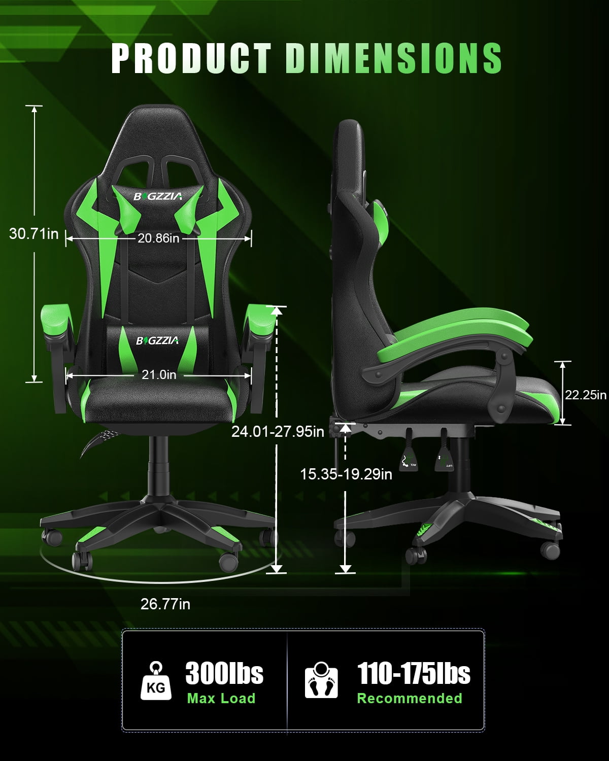 Bigzzia Gaming Chair with LED Lights, Adjustable Headrest & Lumbar Support, Height Adjustable, Green