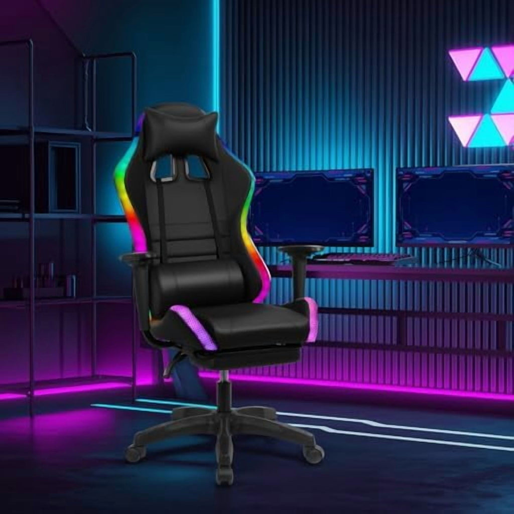 Gaming Chair with Speakers, Bluetooth Gaming Chair with RGB LED Lights and Footrest, Height Adjustable Massage Computer Chair Lumbar Support for Adults (Black)
