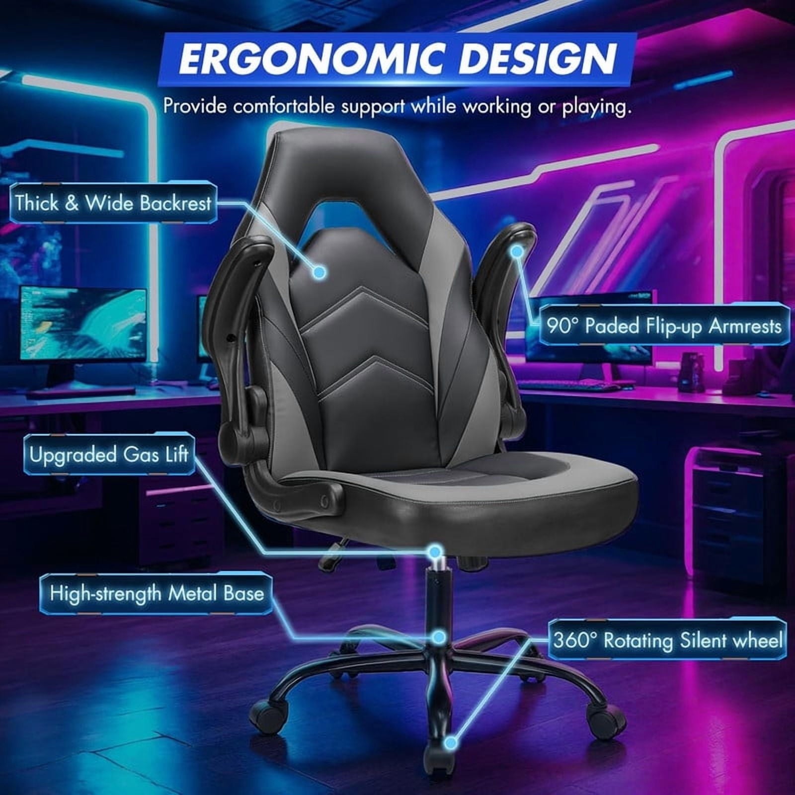 Beddle Gaming Office Chair, Ergonomic PU Leather High Back Swivel Computer Desk Chair with Flip-up Arms, Lumbar Support, Black Gray