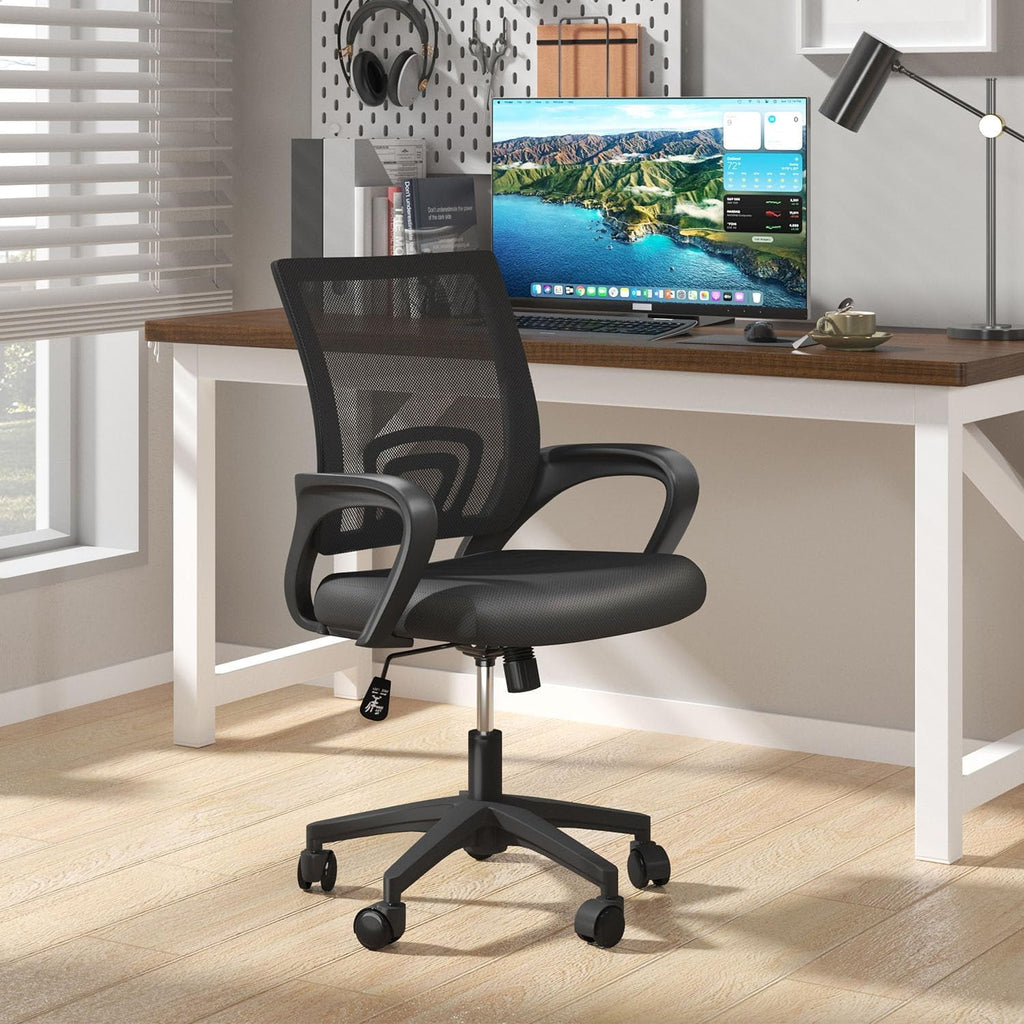 Lorelia Home Office Chair, Ergonomic Mid-Back Mesh Desk Chair with Lumbar Support, Adjustable Swivel Rolling Design, Comfy Armrest for Work, Study, Gaming, Vanity, Black