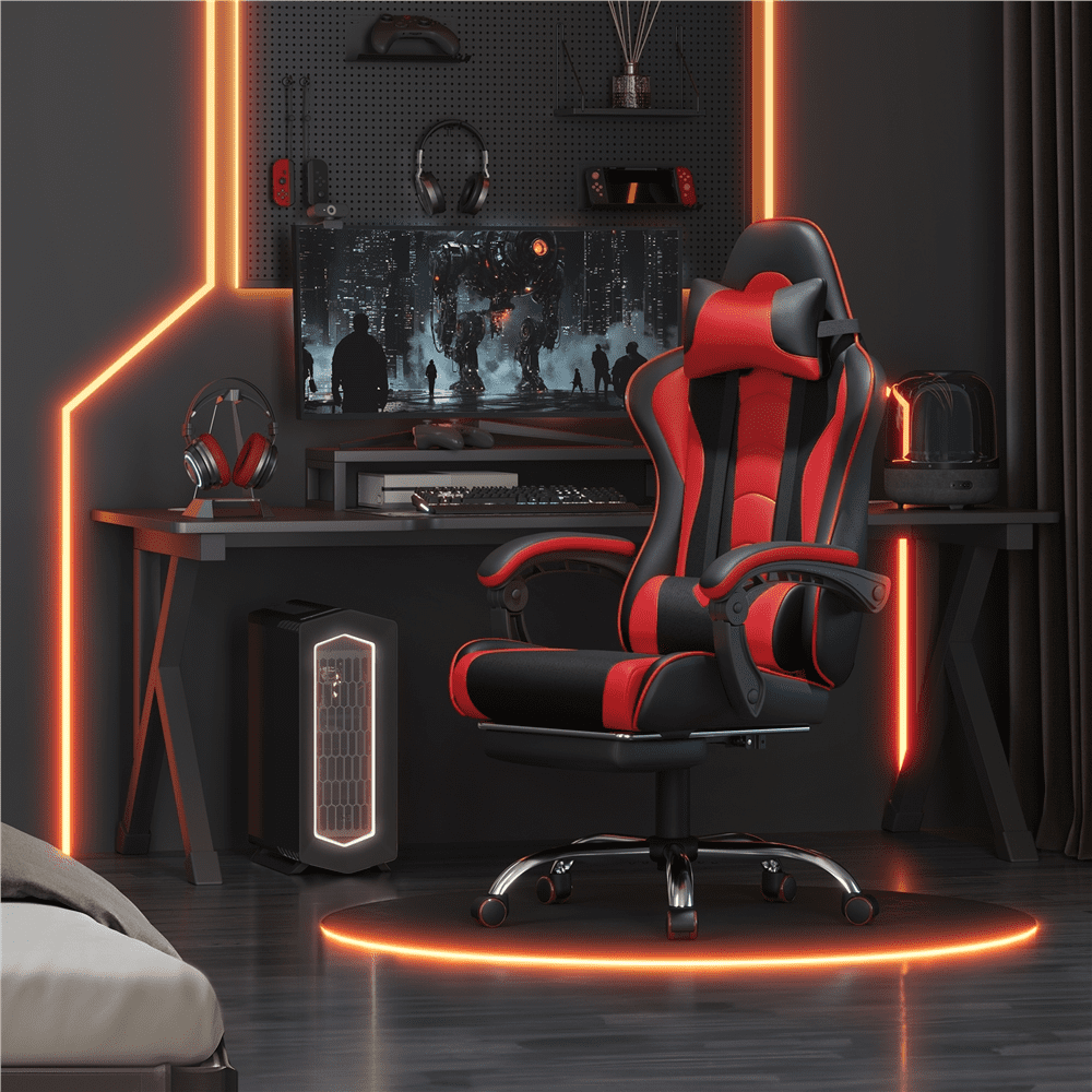 Yaheetech Reclining Gaming Chair with Folding Footrest and Massage Lumbar Pillow, Black/Red