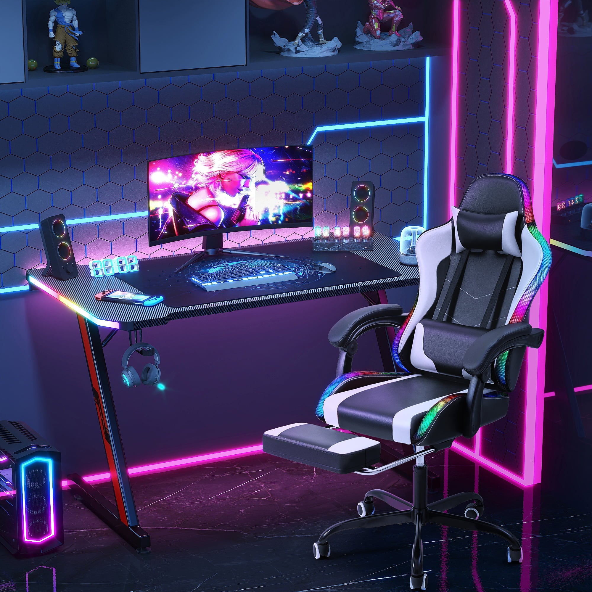 Homall RGB Gaming Desk and Chair Set, Carbon Fiber Desktop Z-Shape Table Massage Ergonomics Racing Chair E-Sports LED Lights RGB Gaming Chair with Footrest, White