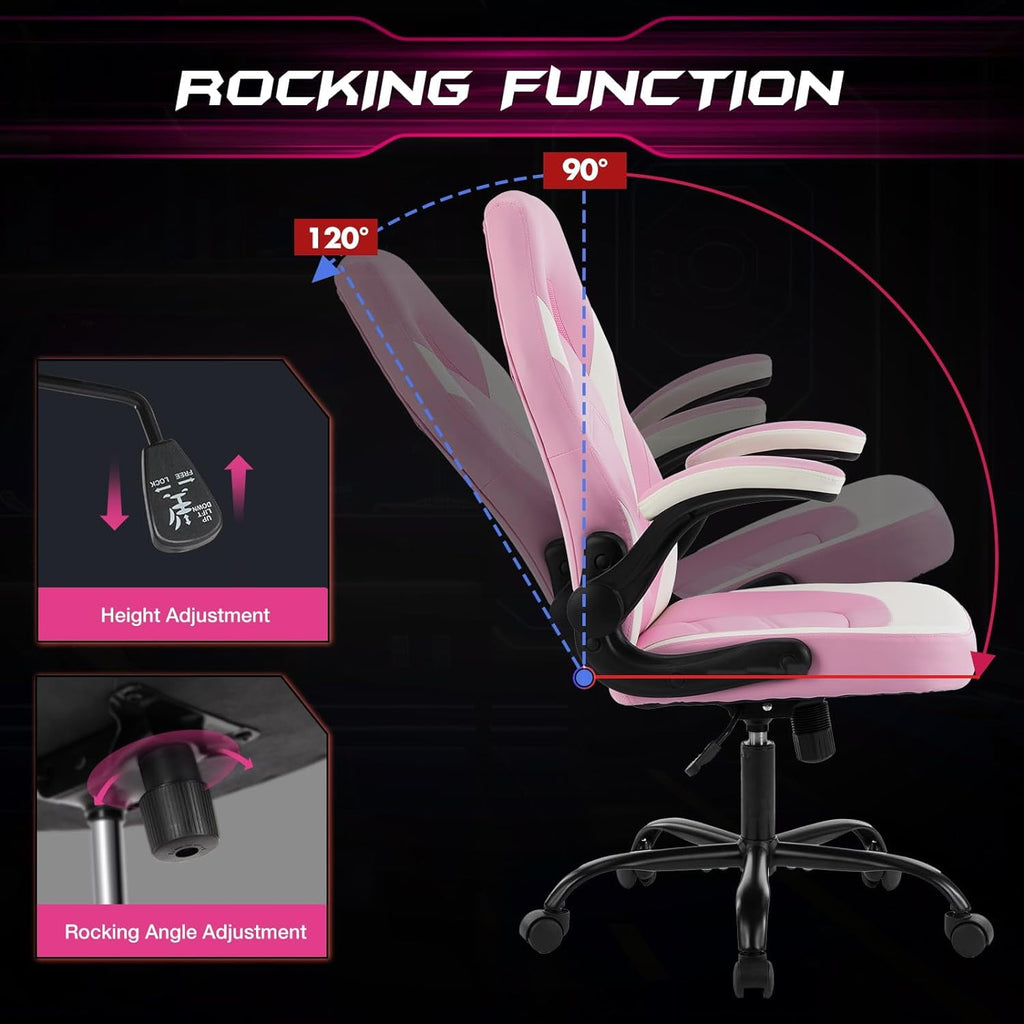 Computer Gaming Desk Chair - Pink Ergonomic Office Executive Adjustable Swivel Task PU Leather Racing Chair with Flip-up Armrest for Adults, Kids, Men, Girls, Gamer, White Pink
