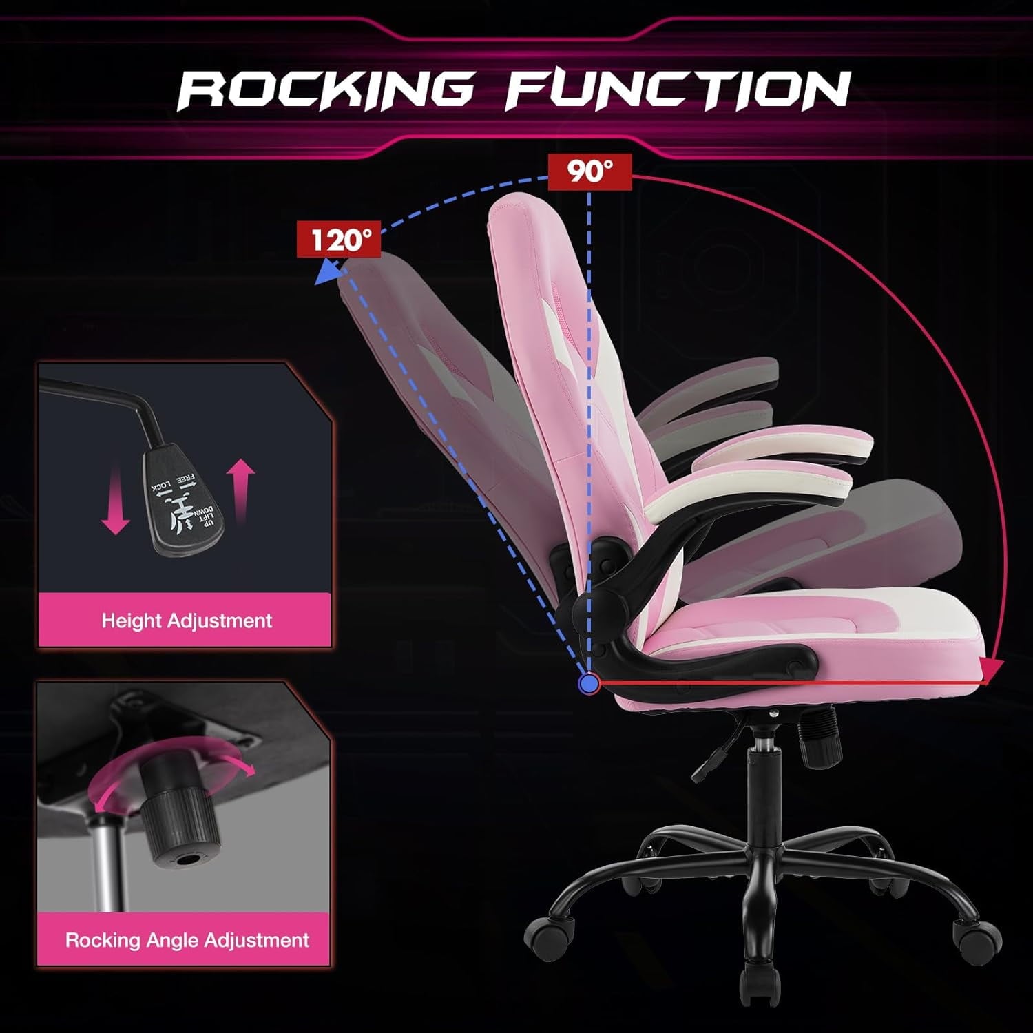 Computer Gaming Desk Chair - Pink Ergonomic Office Executive Adjustable Swivel Task PU Leather Racing Chair with Flip-up Armrest for Adults, Kids, Men, Girls, Gamer, White Pink
