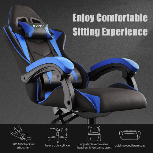 Bigzzia Gaming Chair Pu Leather Office Chair with Ergonomic Lumbar Pillow, Reclining Racing Game Chair Backrest and Seat Height Adjustable Swivel Recliner,Esports Chair with Headrest,Blue