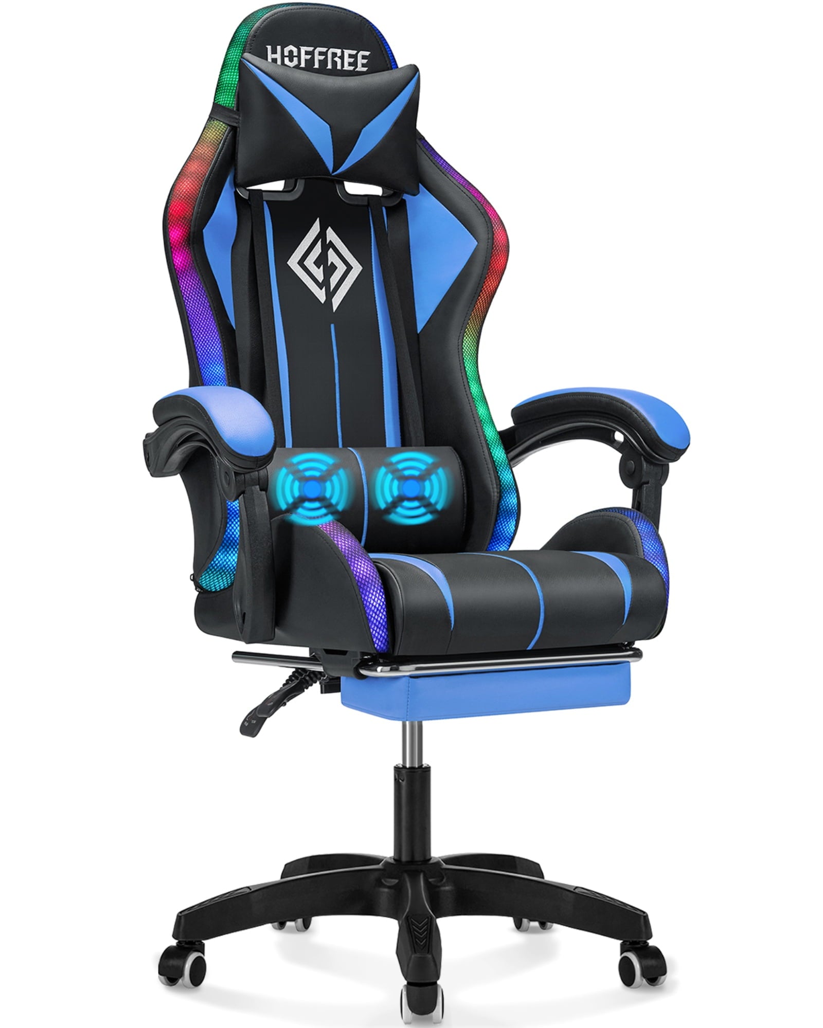 Hoffree Gaming Chair with Massage PU Leather Office Chair with Footrest and LED Light Ergonomic Gamer Chair Lumbar Support Adjustable Headrest High Back Computer Desk Chair for Home Office