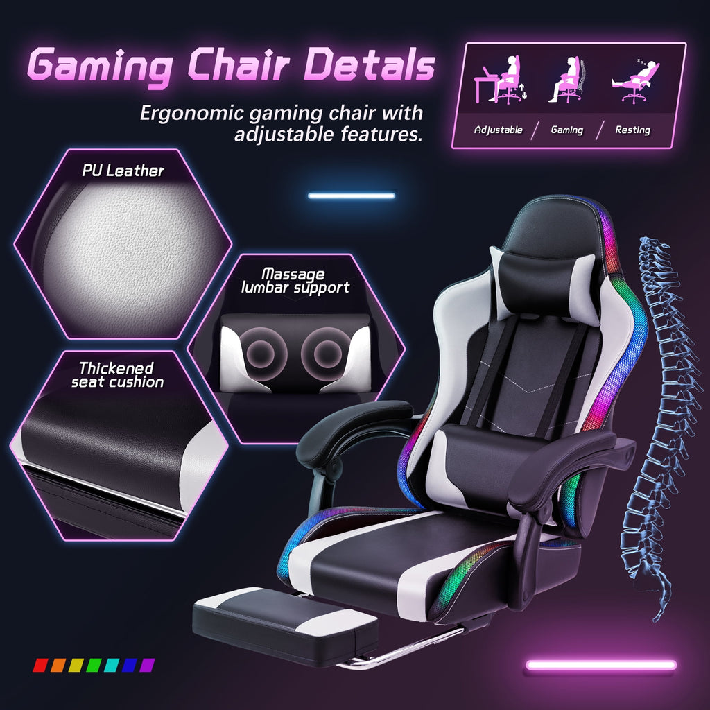 Homall RGB Gaming Desk and Chair Set, Carbon Fiber Desktop Z-Shape Table Massage Ergonomics Racing Chair E-Sports LED Lights RGB Gaming Chair with Footrest, White