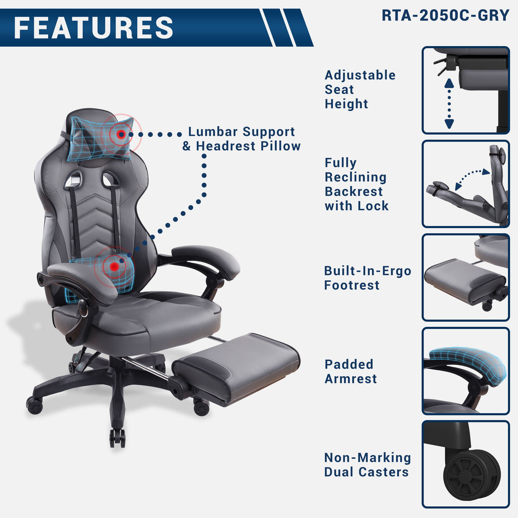 Techni Mobili Gaming Racing Style Fully Reclining Executive Office Chair with Footrest, Gray RTA-2050C-GRY