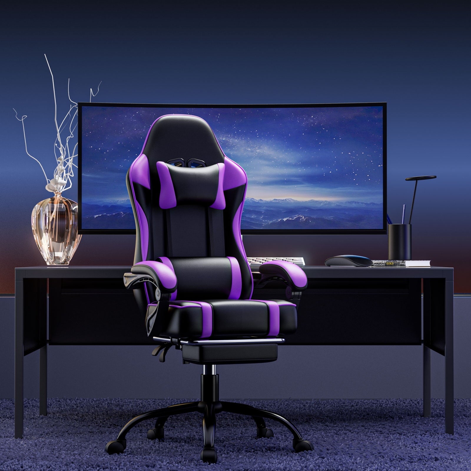 BSTYJQXH Adjustable Reclining Gaming Chair with Lumbar Support and Footrest, Purple