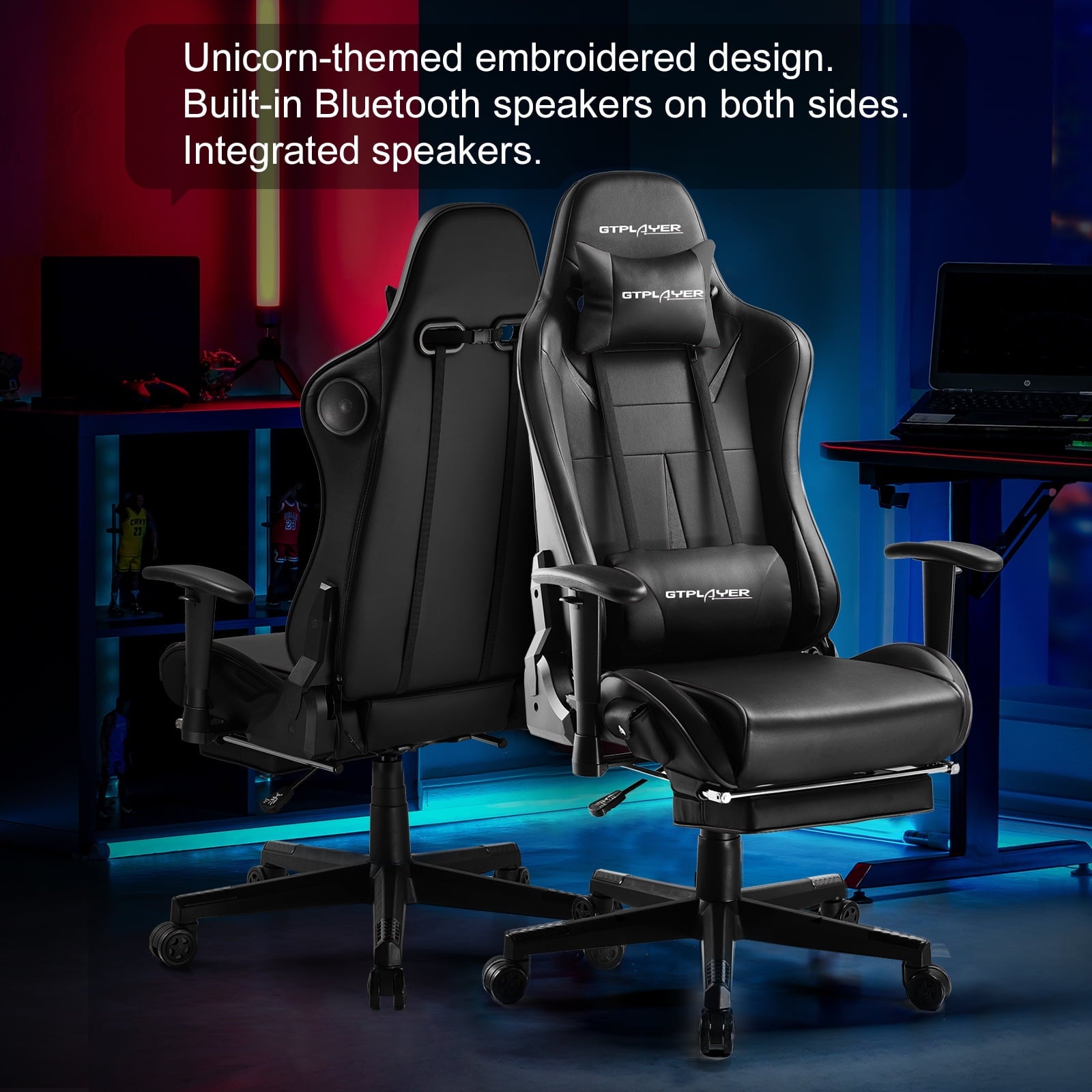 GTRACING Music Gaming Chair with Footrest Ergonomic Reclining PU Leather Office Chair, Black