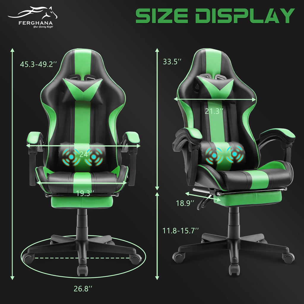 SOONTRANS Green Gaming Chair for Adult, High Back Gamer Game Chair with Footrest & Massage Lumbar Pillow, Ergonomic Swivel Office Computer Chairs s Girls, Green