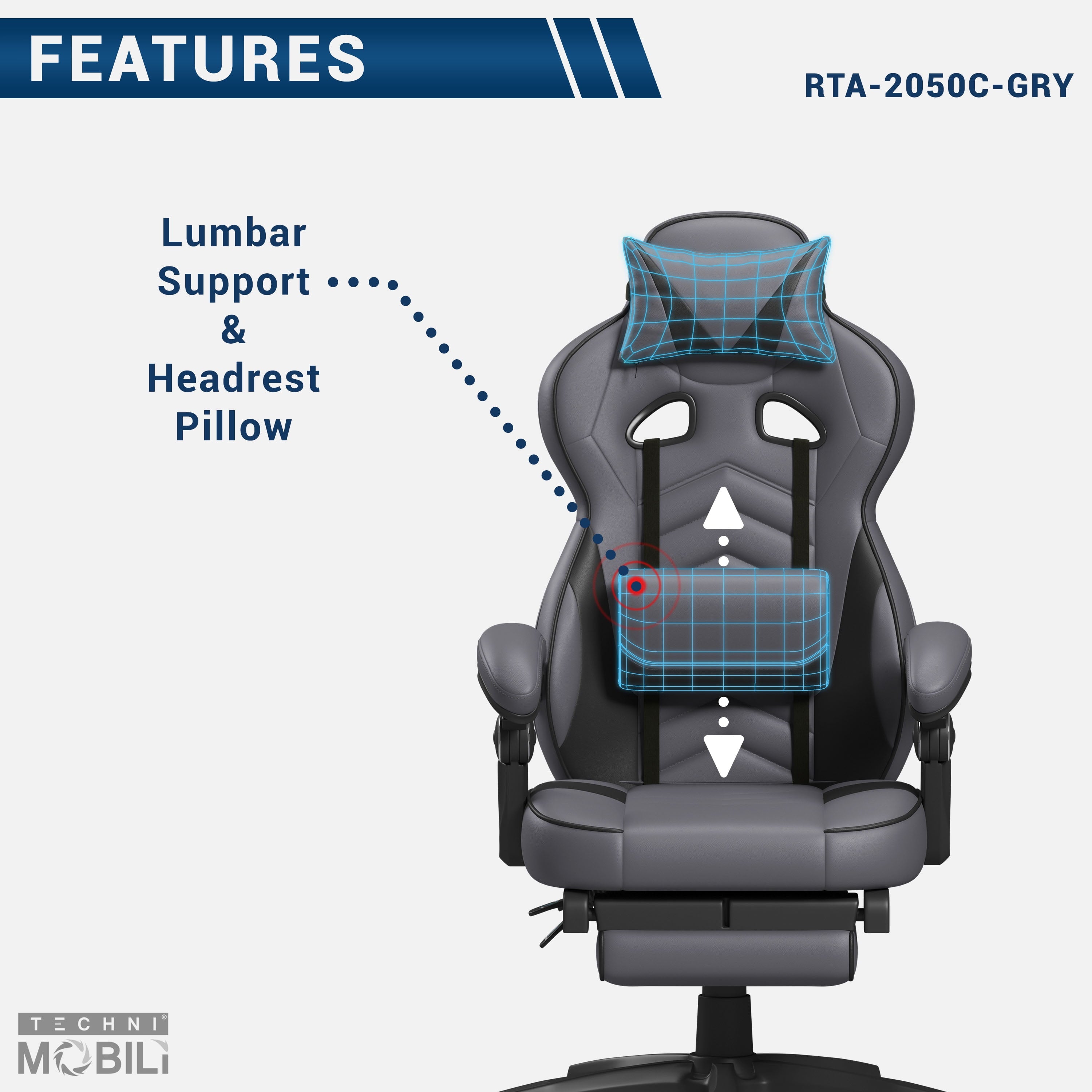 Techni Mobili Gaming Racing Style Fully Reclining Executive Office Chair with Footrest, Gray RTA-2050C-GRY