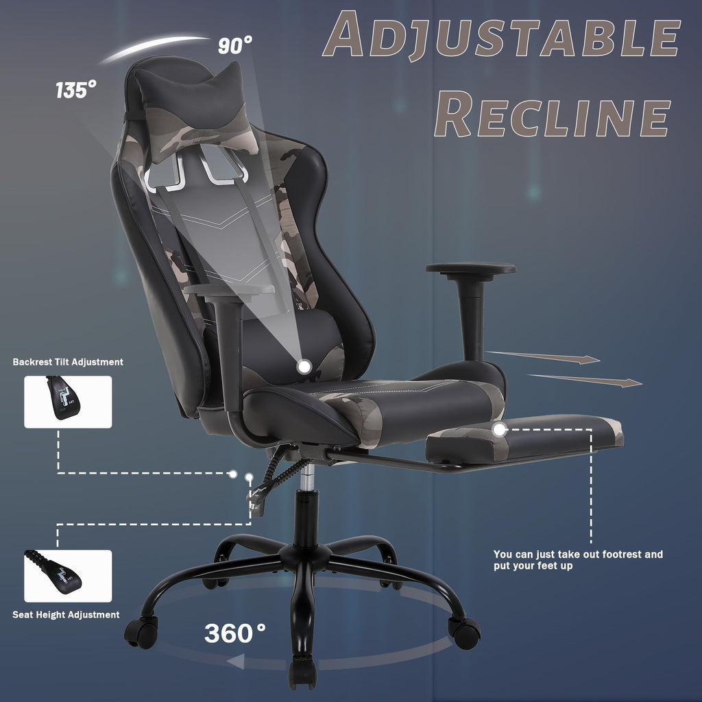 YRLLENSDAN Gaming Chair with Footrest & Adjustable Headrest for Adults Teen, Big and Tall Gamer Chair, Reclining Computer Gaming Chair, Black and Camo