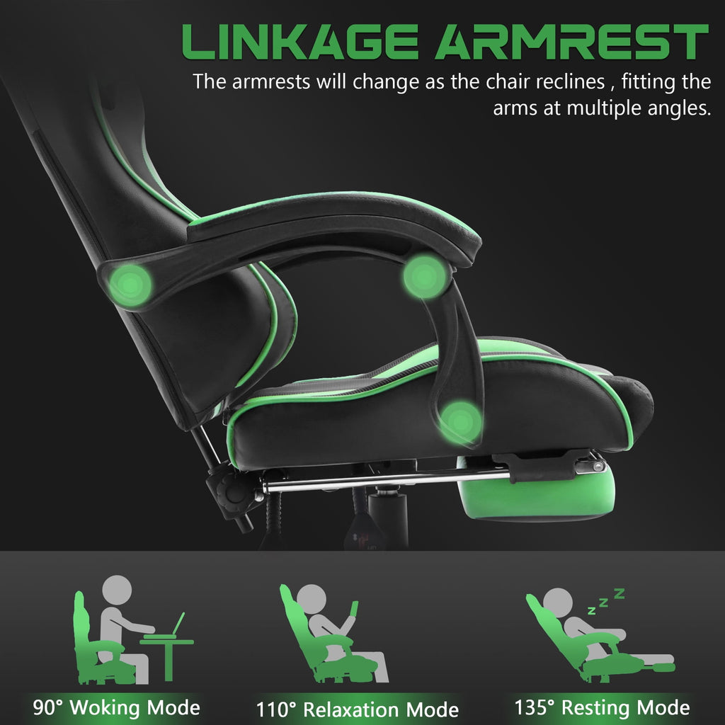 SOONTRANS Green Gaming Chair for Adult, High Back Gamer Game Chair with Footrest & Massage Lumbar Pillow, Ergonomic Swivel Office Computer Chairs s Girls, Green