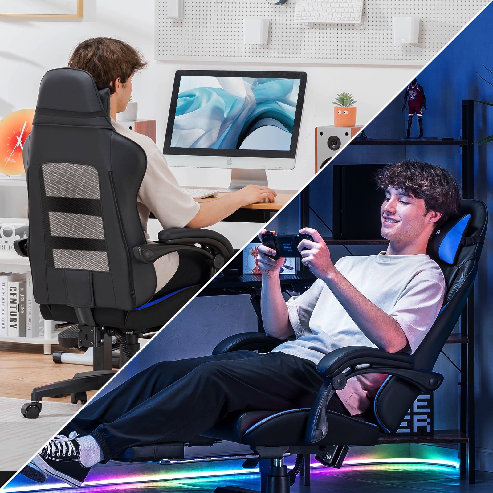 GTPLAYER High Back Faux Leather Adjustable Height Gaming Computer, Blue