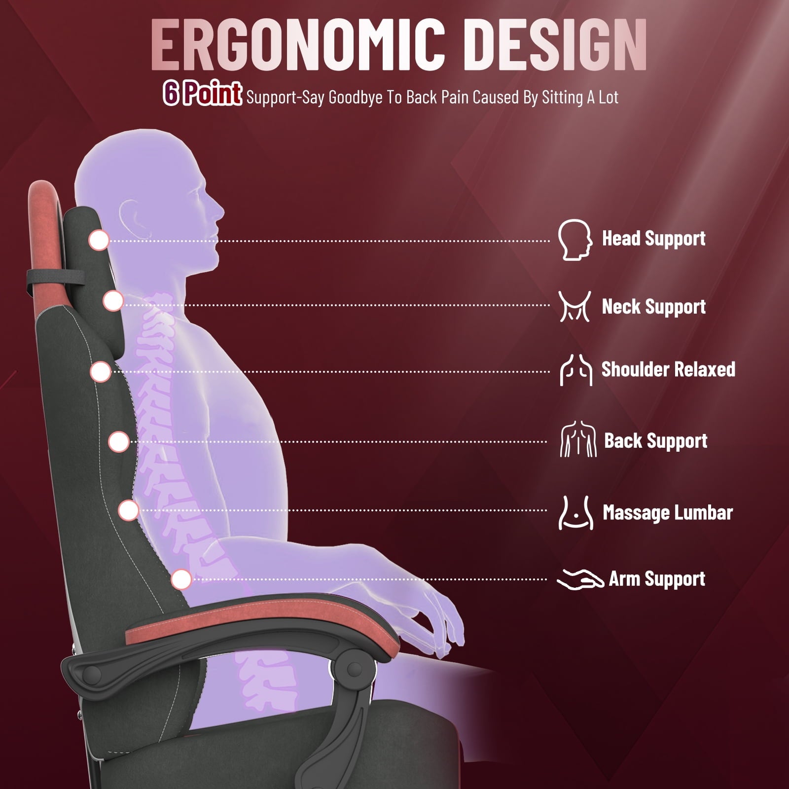 Luxvie Velvet Fabric Gaming Chair With Footrest, Ergonomic Comfortable Video Gamer Chair For Adult, Reclining Office Computer Desk Game Chairs With Massage Lumbar Cushion and Headrest, Black&Red