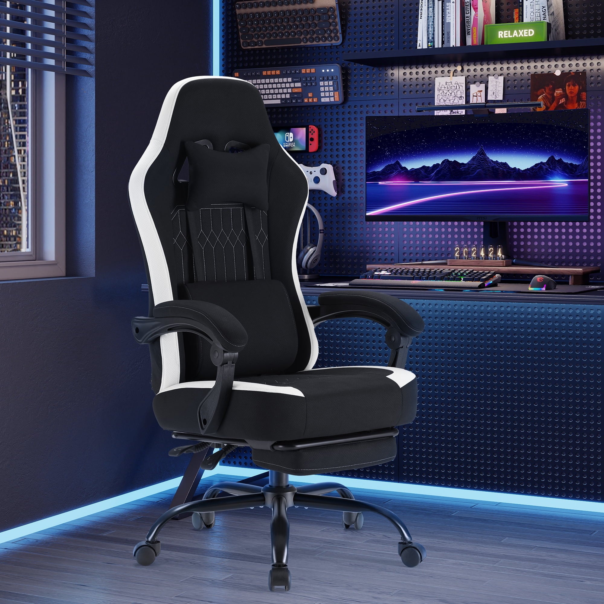 GIANNA Gaming Chair with Footrest, Ergonomic High Back Computer Desk Chair with Lumbar Support, Adjustable Height Swivel Task Chair with Headrest and Armrests, Black