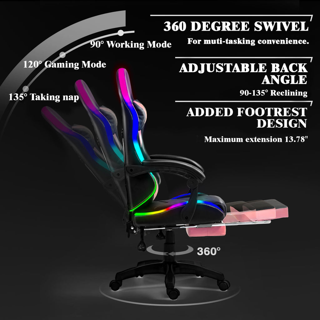 Czlolo Gaming Chair, RGB Racing Style Gamer Chairs for Adults and Kids,with Lumbar Massager, LED Lights, High Backrest Reclining, Footrest