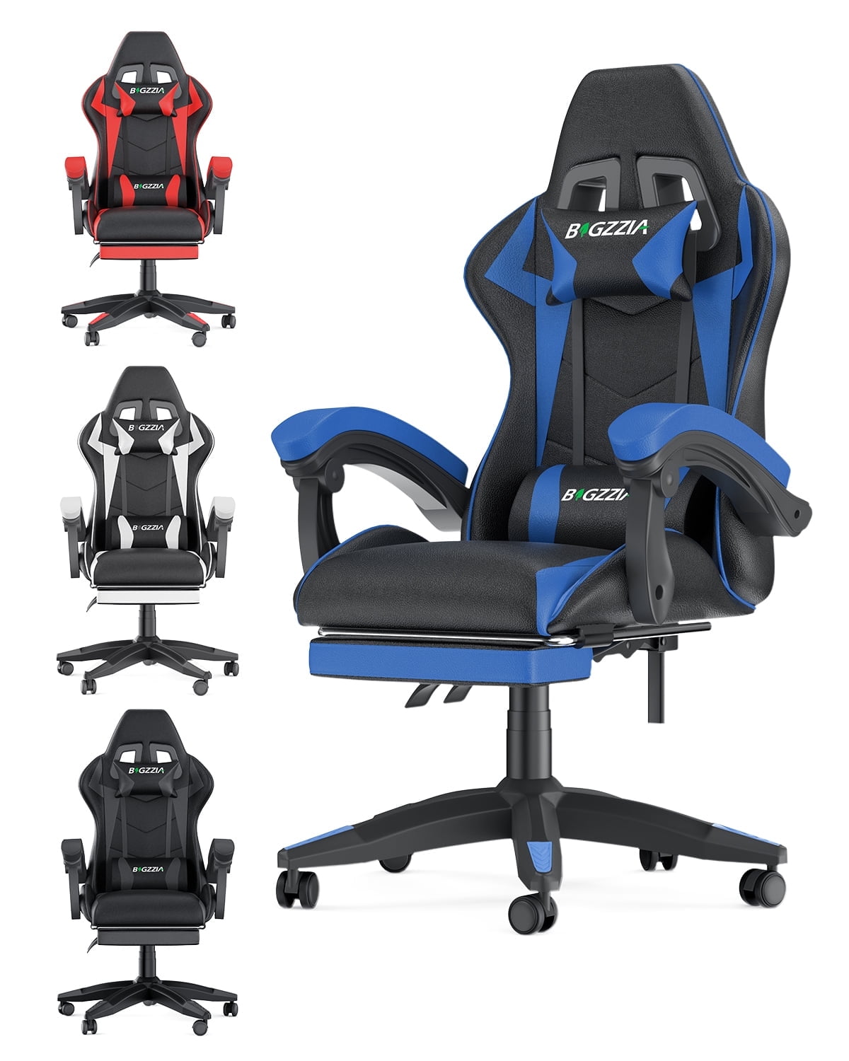 Bigzzia Gaming Chair Pu Leather Office Chair with Ergonomic Lumbar Pillow, Reclining Racing Game Chair Backrest and Seat Height Adjustable Swivel Recliner,Esports Chair with Headrest,Blue