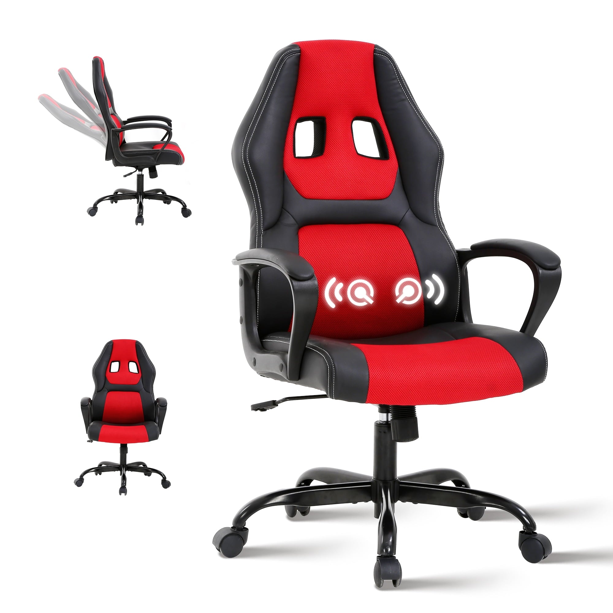 CL.HPAHKL Racing Gaming Chair, Racing Gaming Desk Chair Height Adjustable Gamer Chair with Lumbar Support Headrest Armrest PU Leather Ergonomic Gaming Chair with Massager, Swivel Wheels, Red