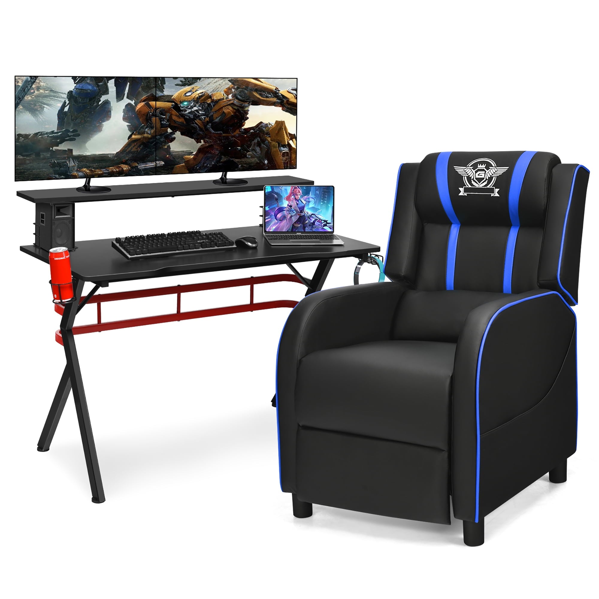 Costway Gaming Desk & Chair Set 48'' Computer Desk & Massage Recliner Chair Black + Pink