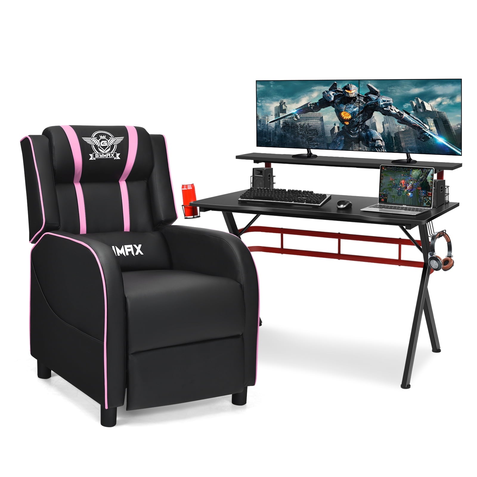 Costway Gaming Desk & Chair Set 48'' Computer Desk & Massage Recliner Chair Black + Pink