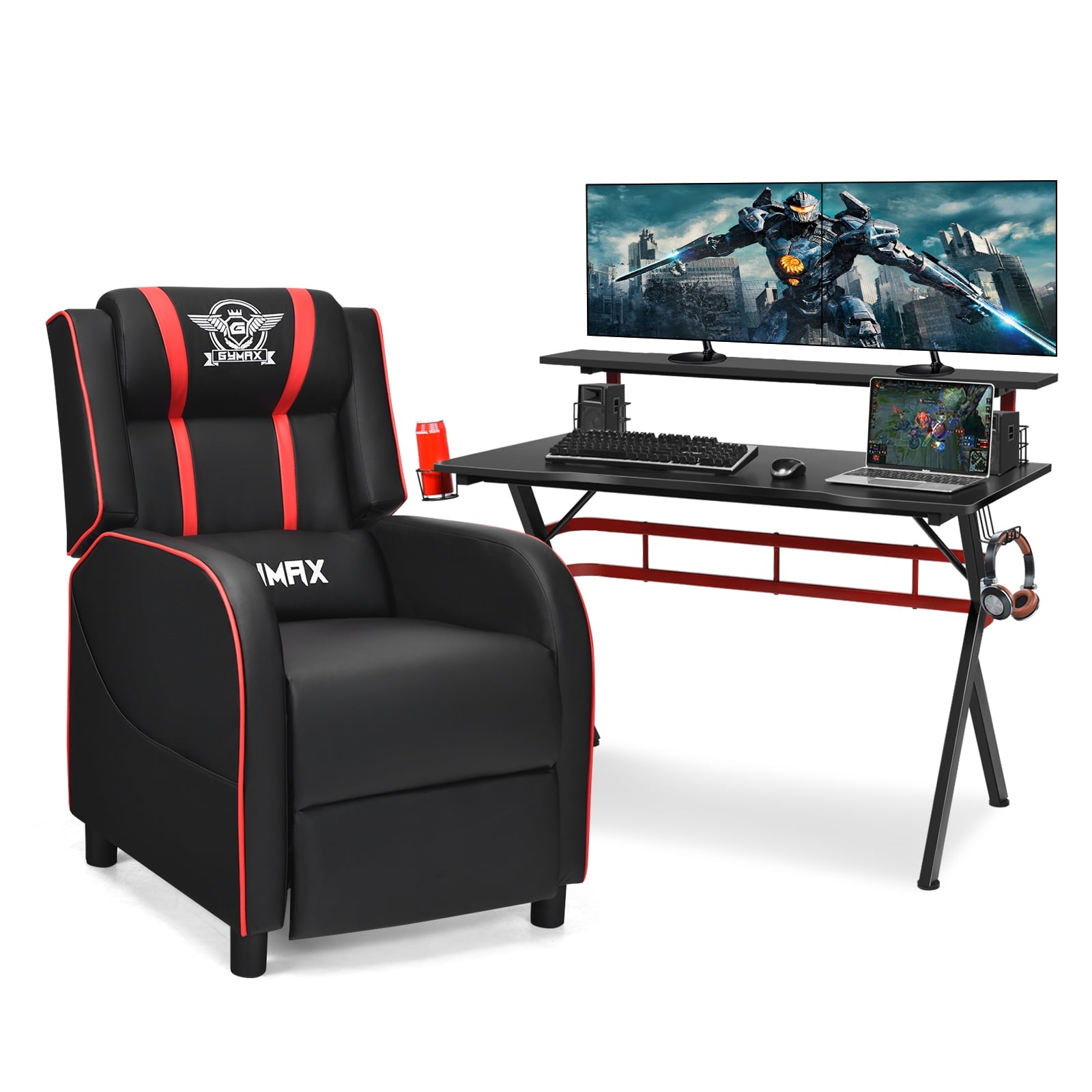Costway Gaming Desk & Chair Set 48'' Computer Desk & Massage Recliner Chair Black + Pink