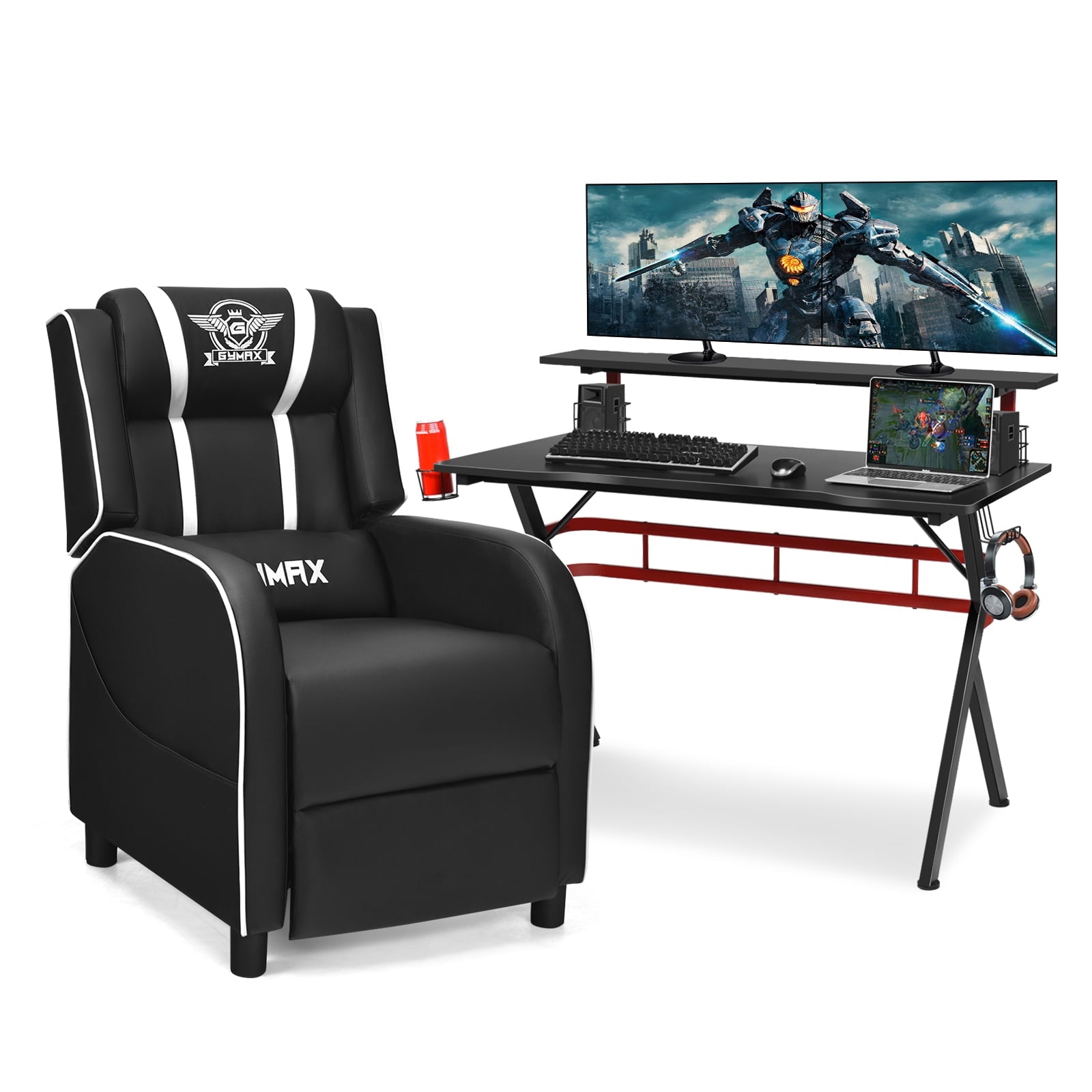 Costway Gaming Desk & Chair Set 48'' Computer Desk & Massage Recliner Chair Black + Pink