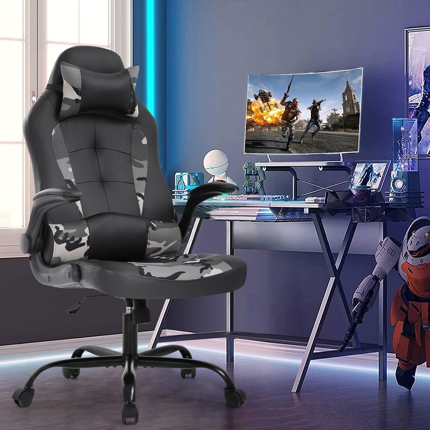 Dkelincs PC Gaming Chair Ergonomic Office Chair with Lumbar Support Flip Up Arms Headrest Adjustable Computer Desk Chair for Adults, White