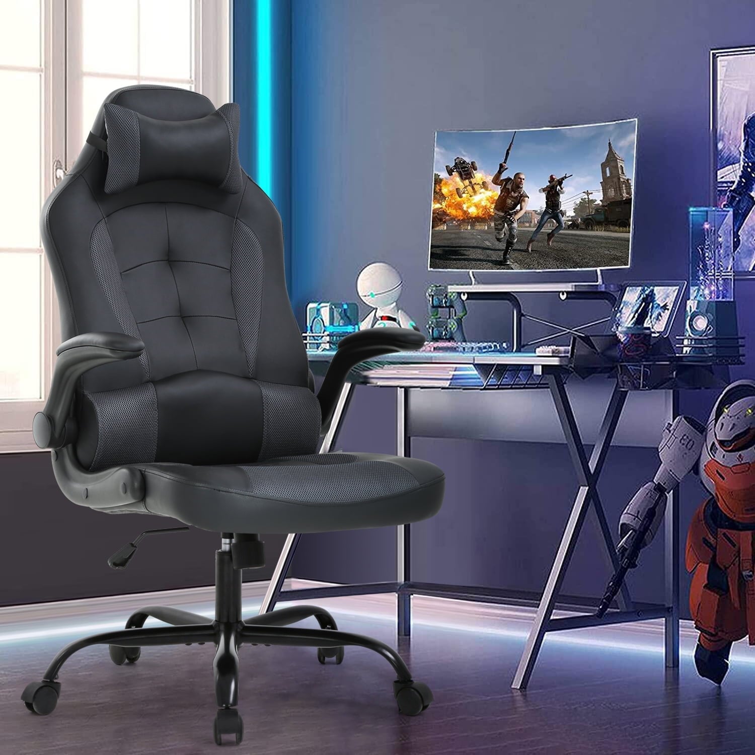 Dkelincs PC Gaming Chair Ergonomic Office Chair with Lumbar Support Flip Up Arms Headrest Adjustable Computer Desk Chair for Adults, White