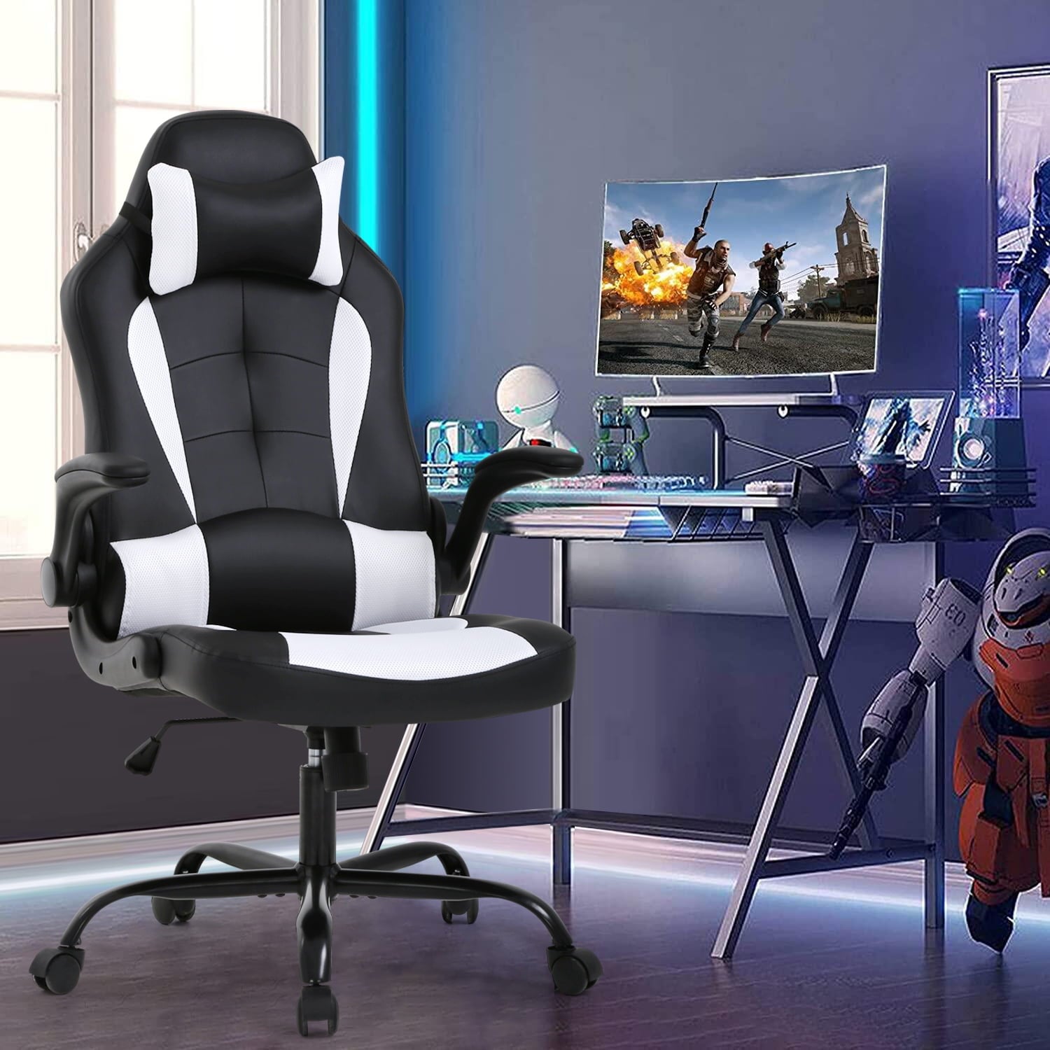 Dkelincs PC Gaming Chair Ergonomic Office Chair with Lumbar Support Flip Up Arms Headrest Adjustable Computer Desk Chair for Adults, White