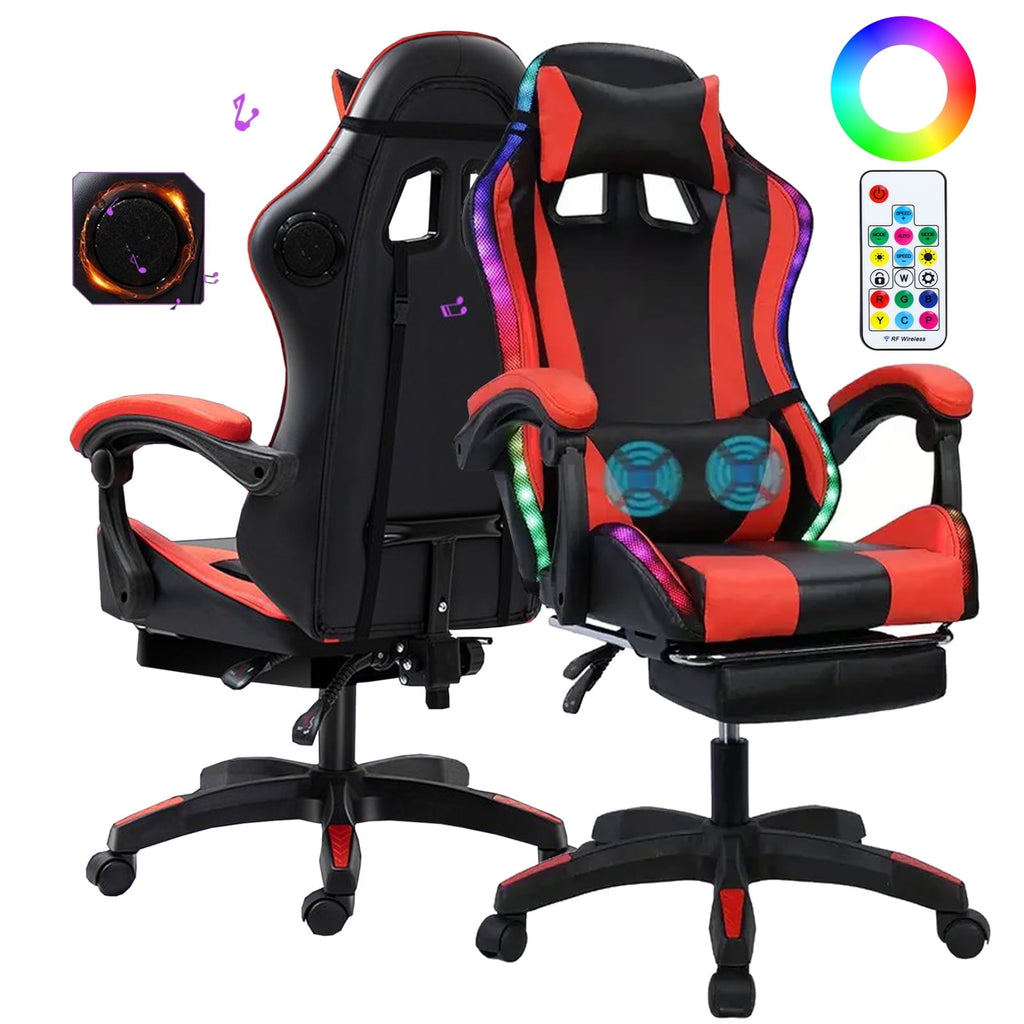 Ergonomic Gaming Chair w/Bluetooth Speakers, Lighting & Massage - Adjustable Height & Lumbar Support for PC/Console Gamers