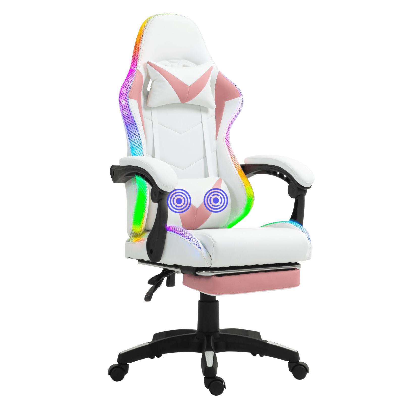 Gaming Chair with RGB LED Lights, Video Game Chair with Footrest and Massage Lumbar Support, High Back Reclining Computer Chair with Headrest, Swivel Gamer Chair with Armrest (Pink+White)