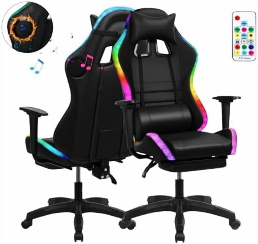 Gaming Chair with Speakers, Bluetooth Gaming Chair with RGB LED Lights and Footrest, Height Adjustable Massage Computer Chair Lumbar Support for Adults (Black)