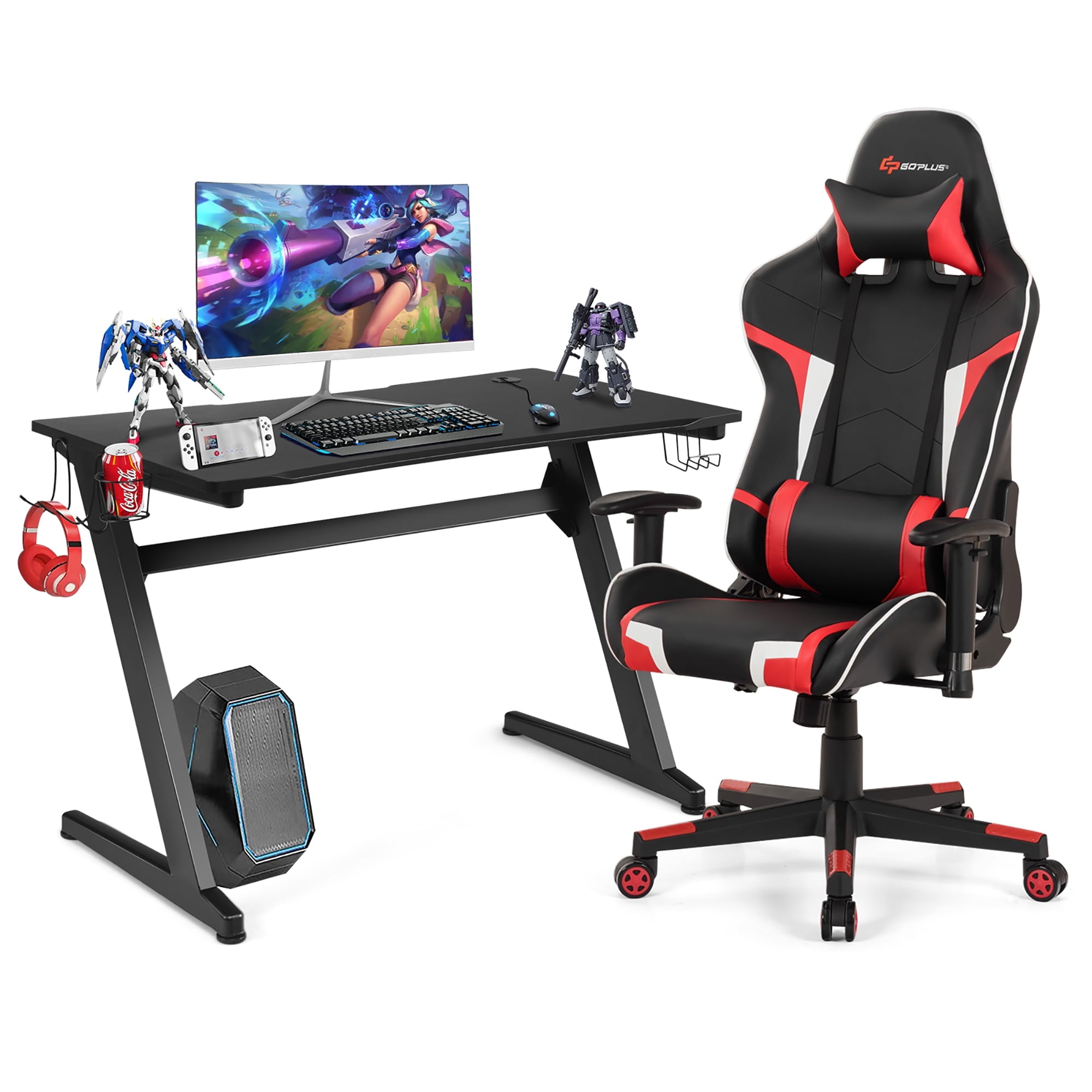 Goplus Z-Shaped Racing Style Desk &  Massage Gaming Chair Set for Home Office Red