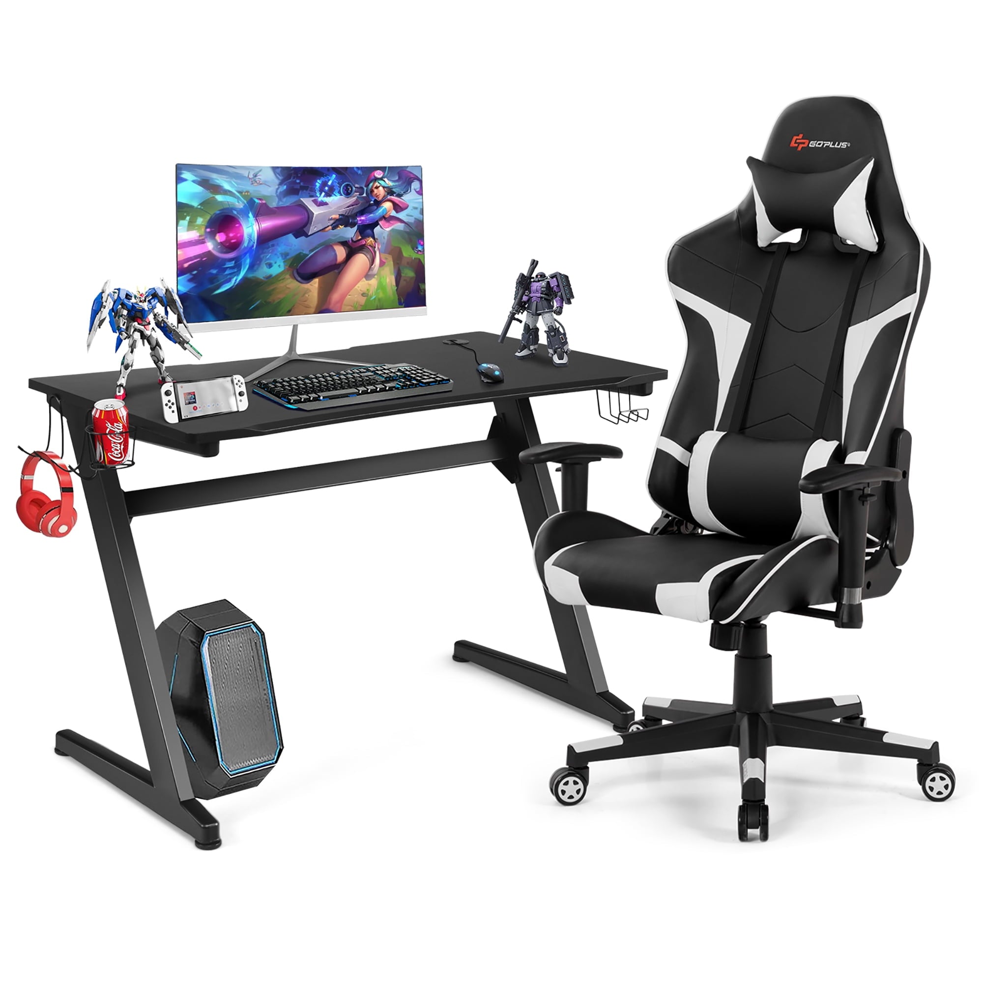 Goplus Z-Shaped Racing Style Desk &  Massage Gaming Chair Set for Home Office Red