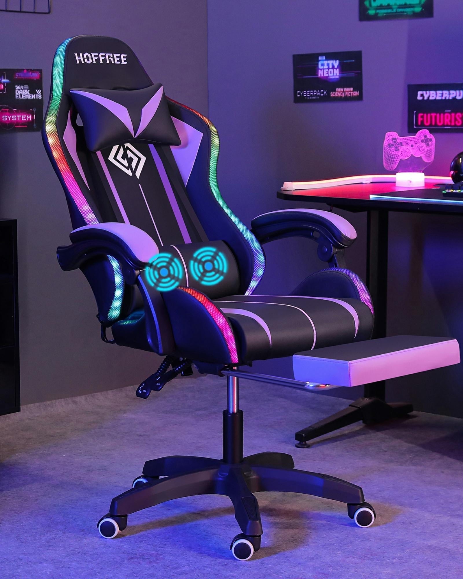 Hoffree Gaming Chair with Massage PU Leather Office Chair with Footrest and LED Light Ergonomic Gamer Chair Lumbar Support Adjustable Headrest High Back Computer Desk Chair for Home Office
