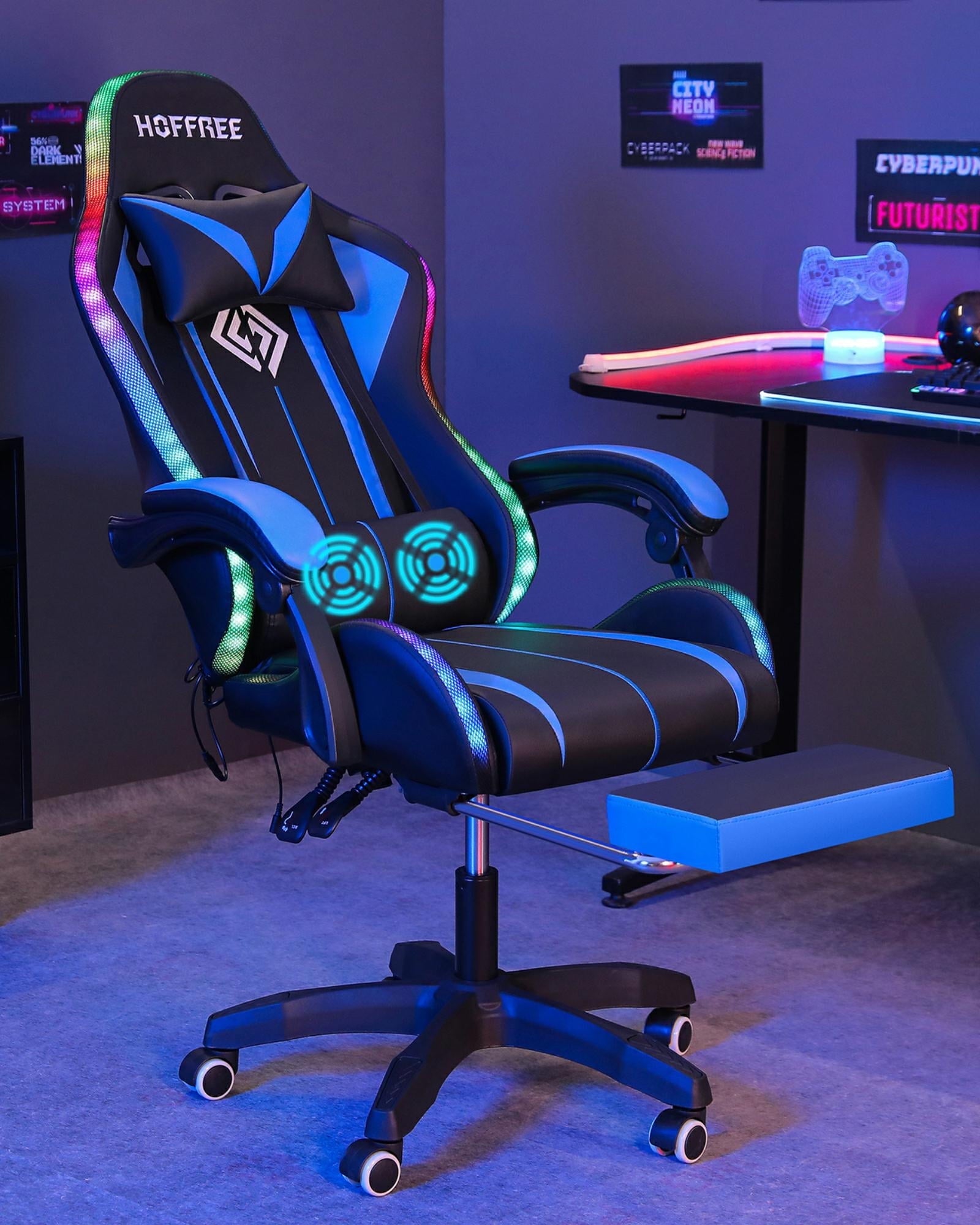 Hoffree Gaming Chair with Massage PU Leather Office Chair with Footrest and LED Light Ergonomic Gamer Chair Lumbar Support Adjustable Headrest High Back Computer Desk Chair for Home Office
