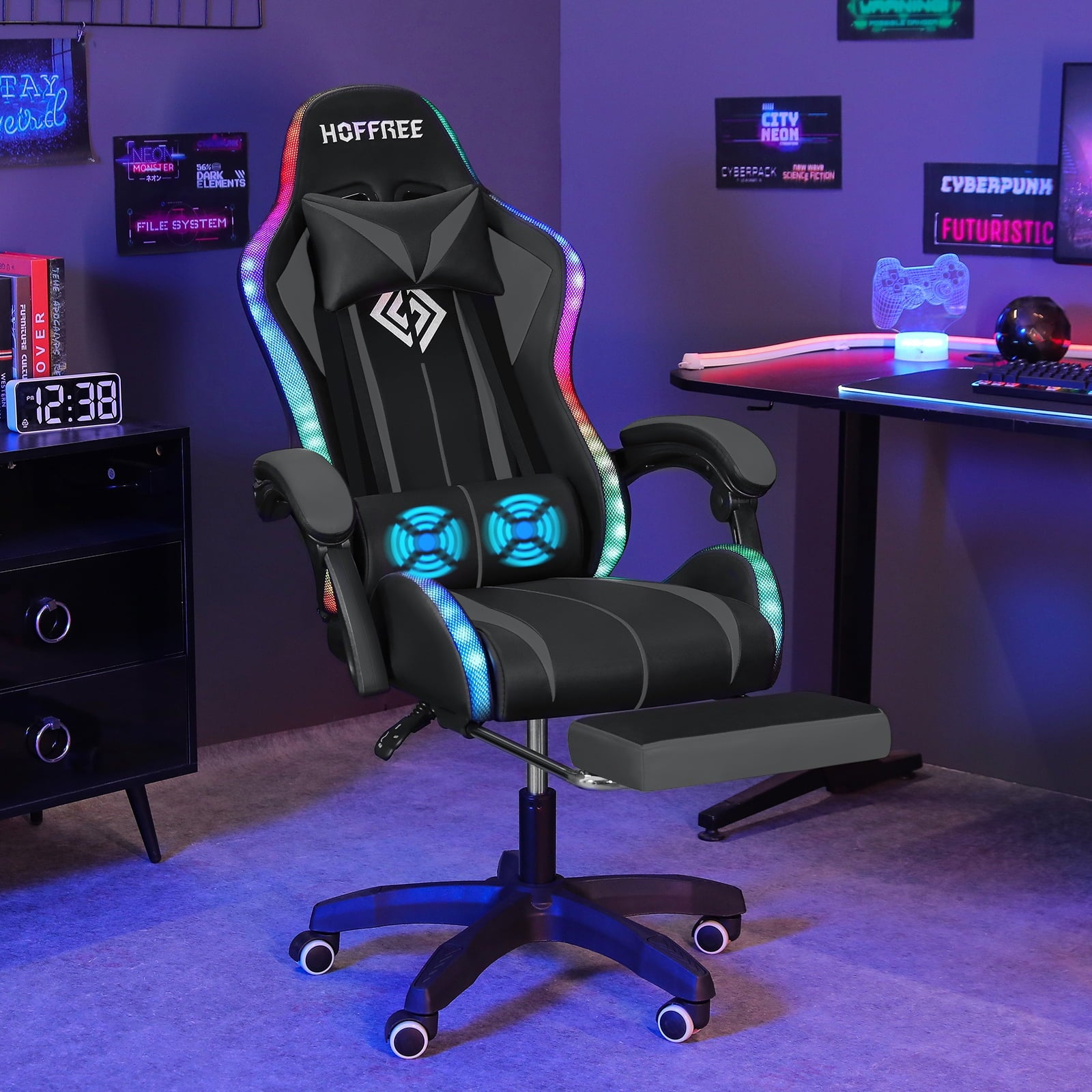 Hoffree Gaming Chair with Massage PU Leather Office Chair with Footrest and LED Light Ergonomic Gamer Chair Lumbar Support Adjustable Headrest High Back Computer Desk Chair for Home Office
