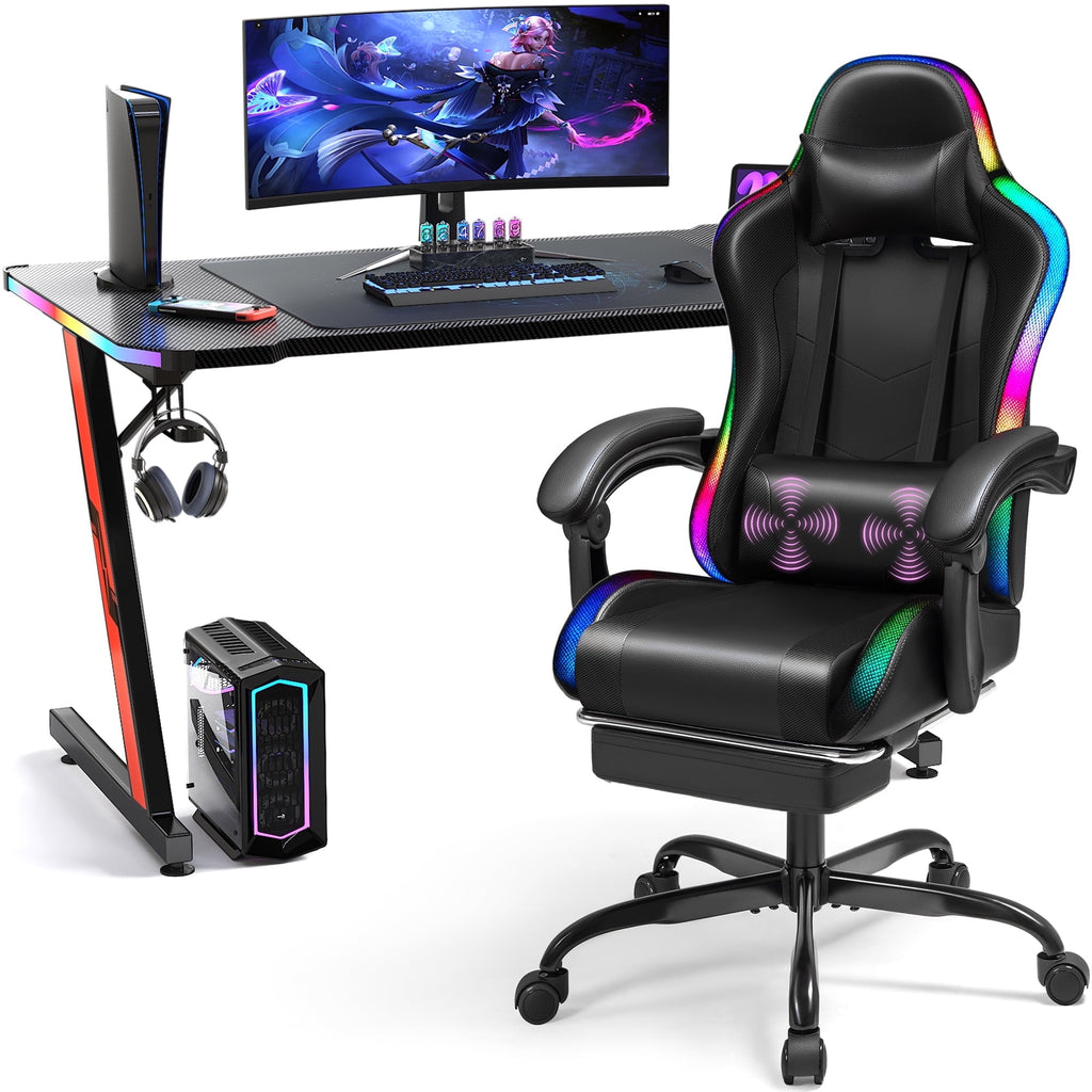 Homall RGB Gaming Desk and Chair Set, Carbon Fiber Desktop Z-Shape Table Massage Ergonomics Racing Chair E-Sports LED Lights RGB Gaming Chair with Footrest, White