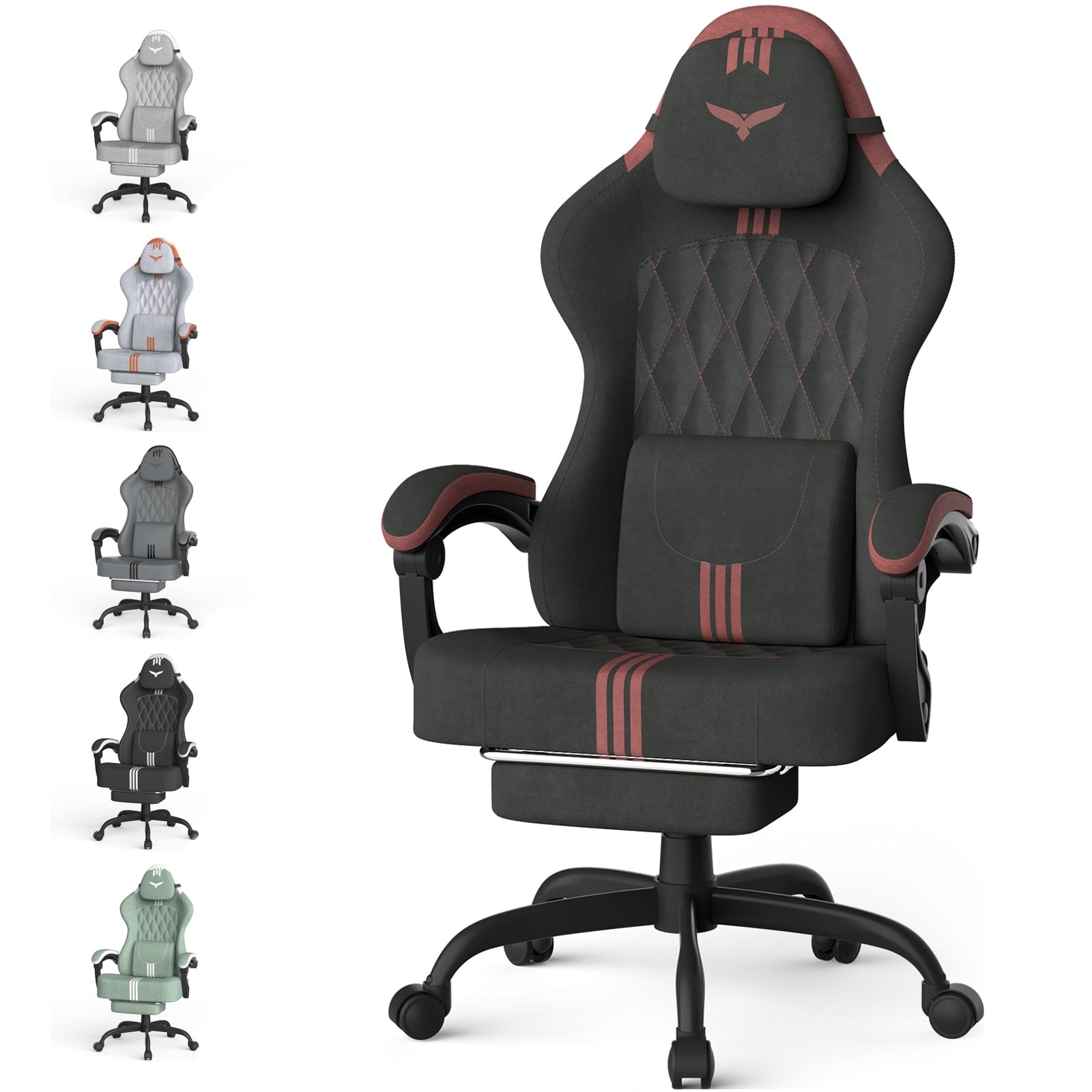 Luxvie Velvet Fabric Gaming Chair With Footrest, Ergonomic Comfortable Video Gamer Chair For Adult, Reclining Office Computer Desk Game Chairs With Massage Lumbar Cushion and Headrest, Black&Red