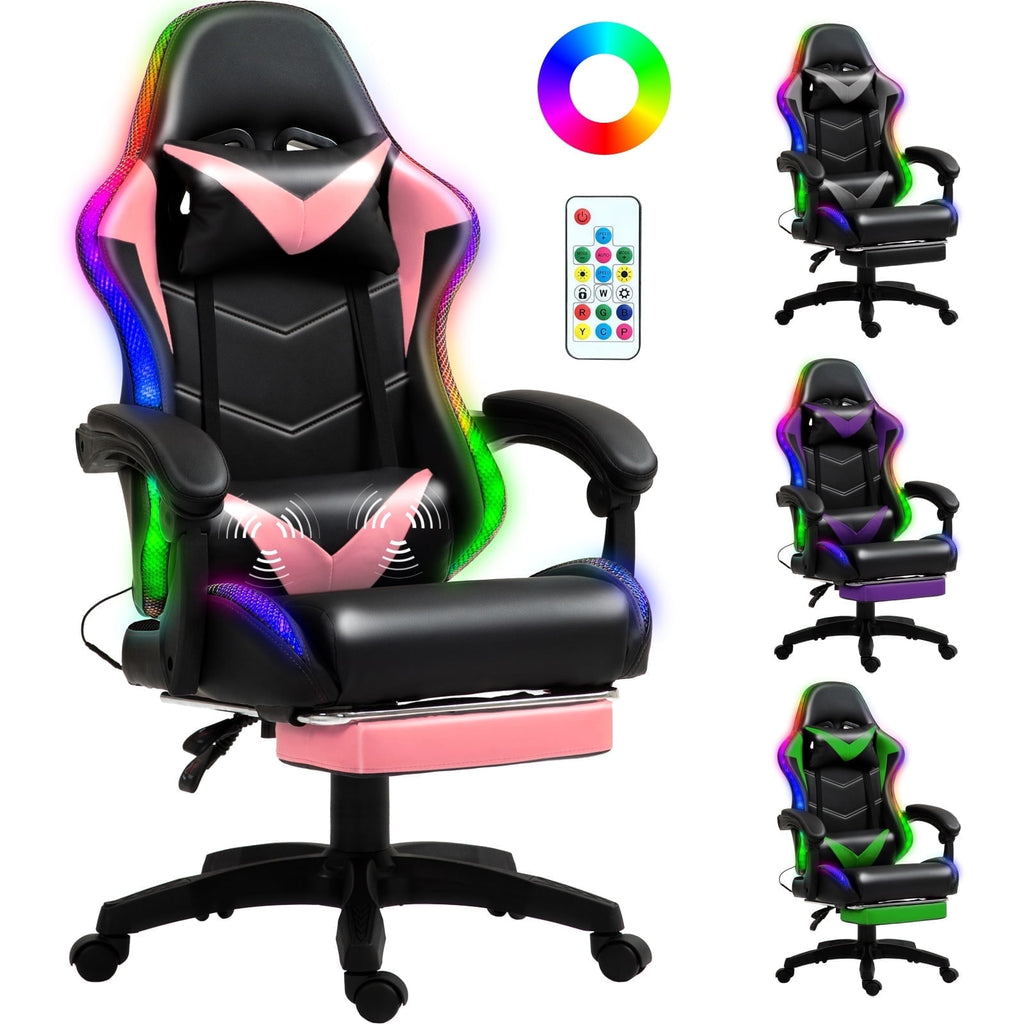 Czlolo Gaming Chair, RGB Racing Style Gamer Chairs for Adults and Kids,with Lumbar Massager, LED Lights, High Backrest Reclining, Footrest