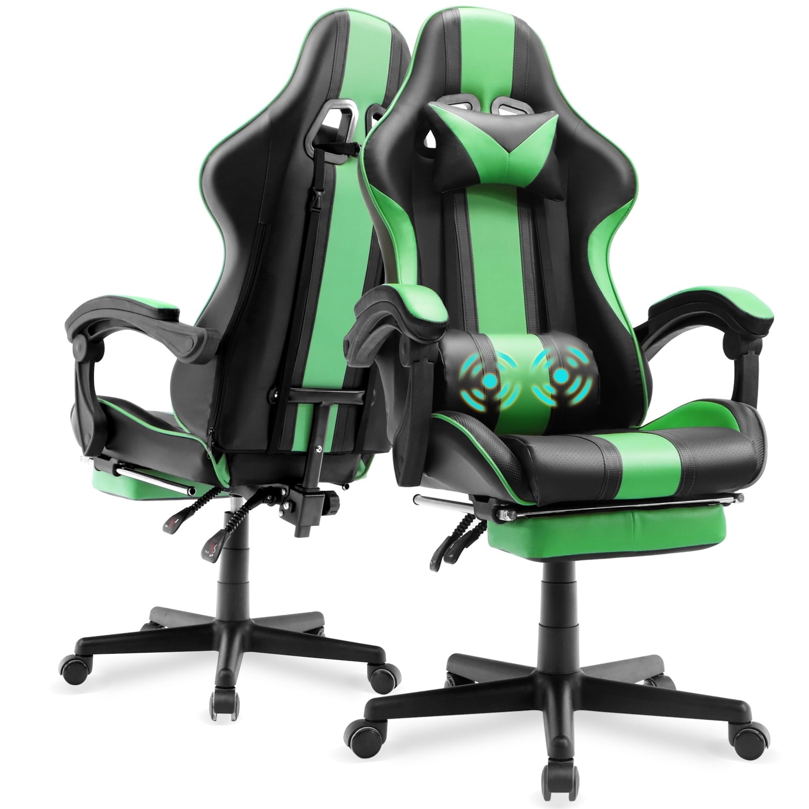 SOONTRANS Green Gaming Chair for Adult, High Back Gamer Game Chair with Footrest & Massage Lumbar Pillow, Ergonomic Swivel Office Computer Chairs s Girls, Green