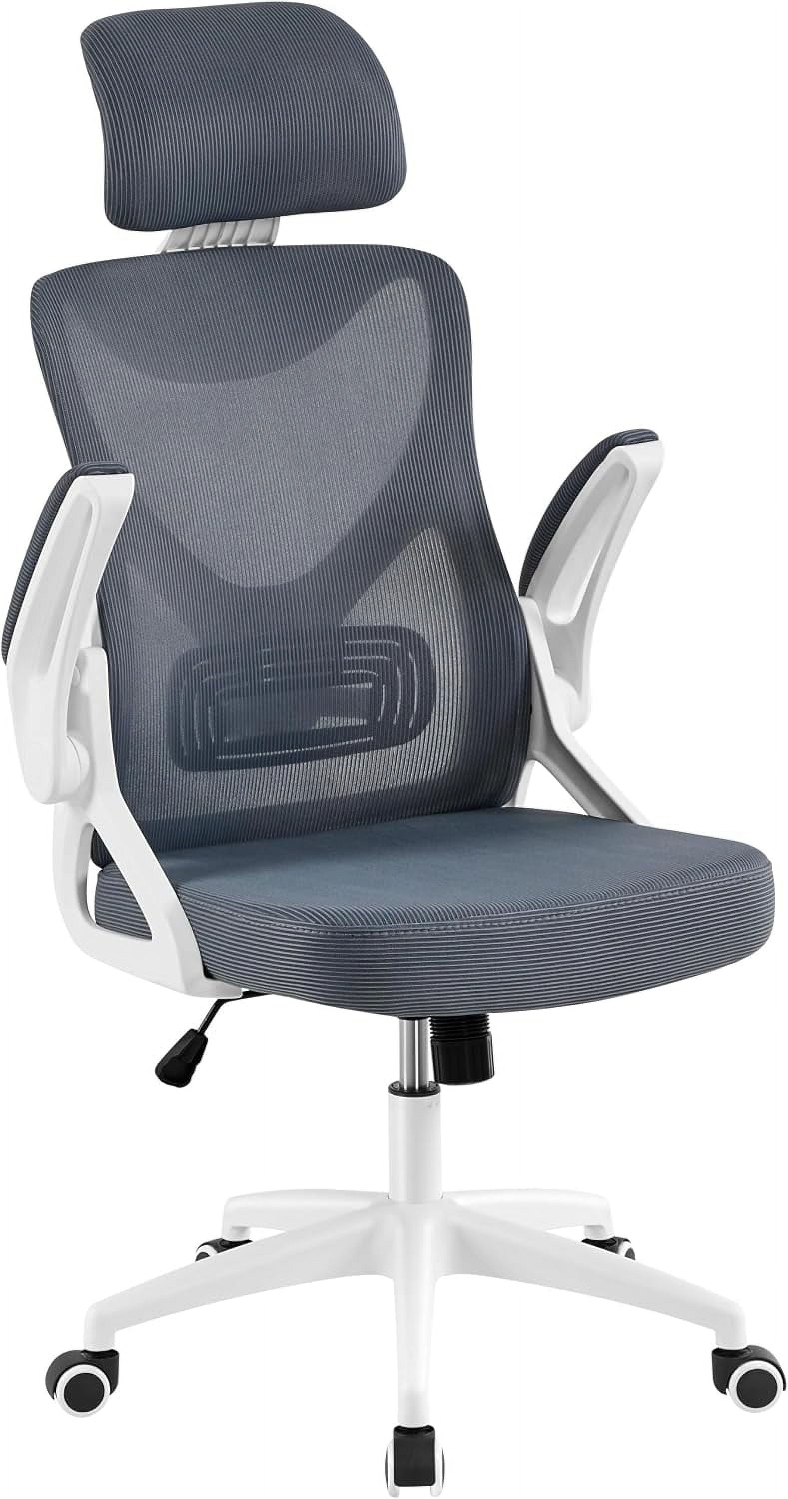 TDUKDB Ergonomic Mesh Office Chair, High Back Desk Chair with with flip-up Armrests, Adjustable Padded Headrest Computer Chair with Lumbar Support for Home Oiffce Game Room, Full Gray