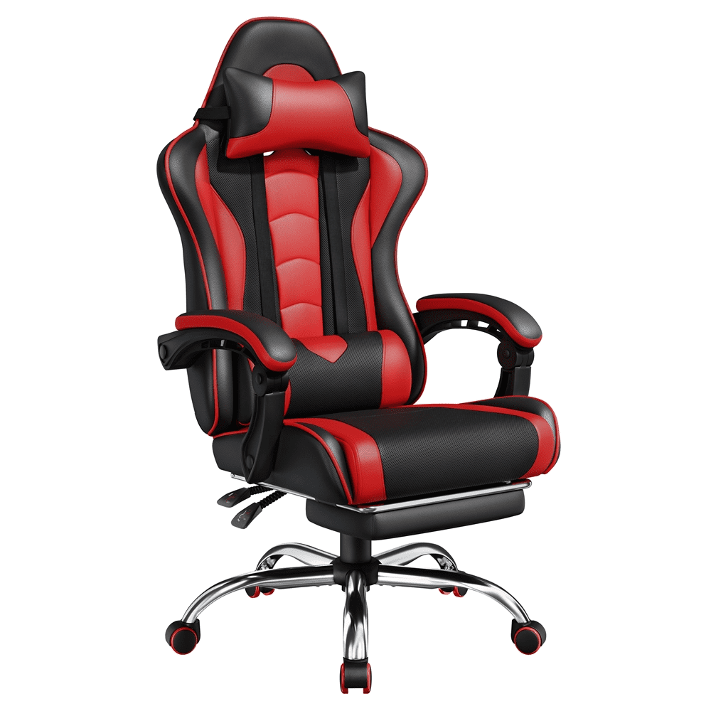 Yaheetech Reclining Gaming Chair with Folding Footrest and Massage Lumbar Pillow, Black/Red