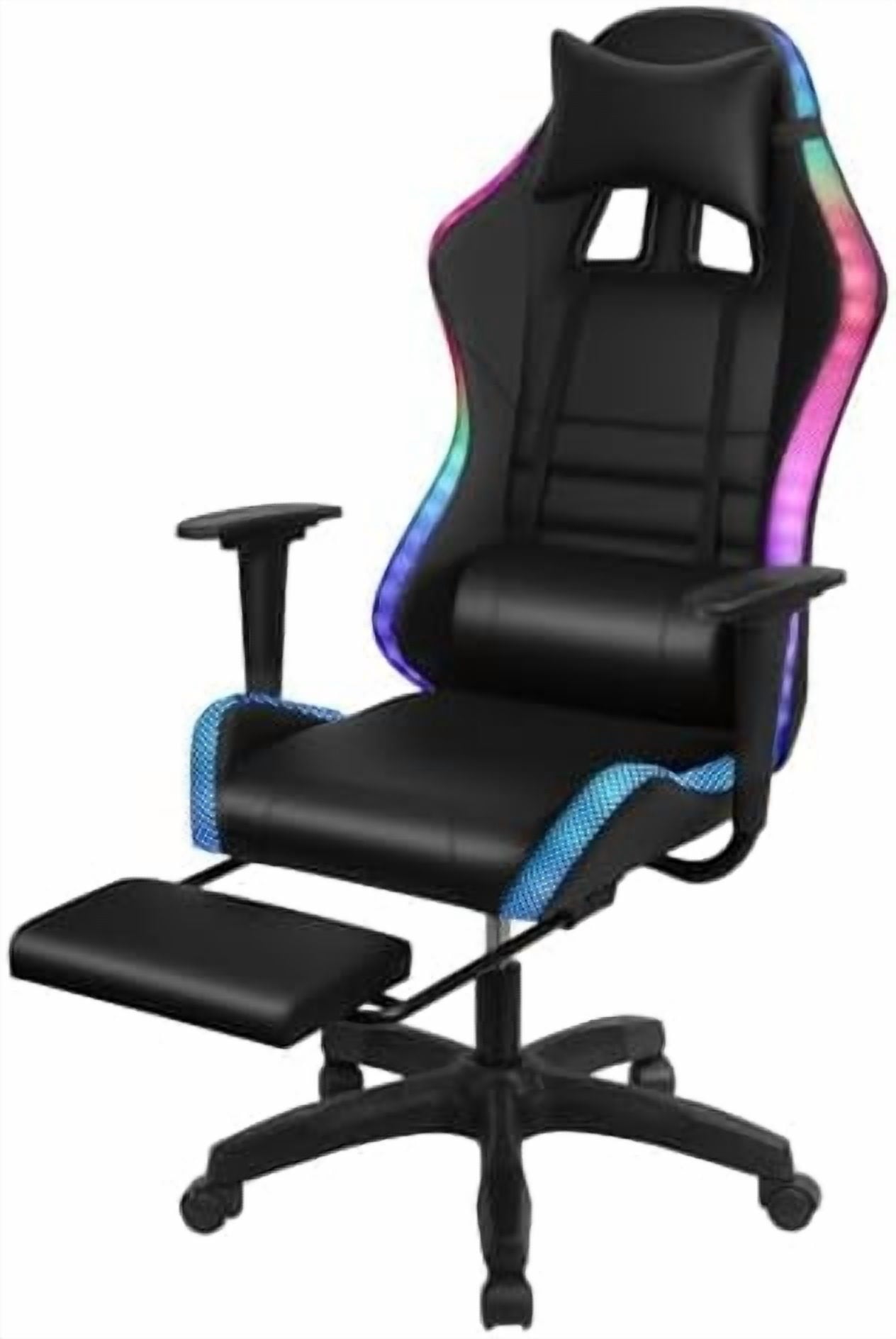 Gaming Chair with Speakers, Bluetooth Gaming Chair with RGB LED Lights and Footrest, Height Adjustable Massage Computer Chair Lumbar Support for Adults (Black)