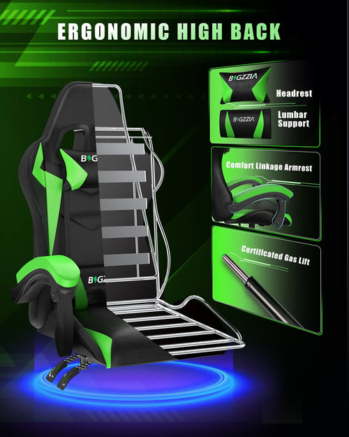 Bigzzia Gaming Chair with LED Lights, Adjustable Headrest & Lumbar Support, Height Adjustable, Green