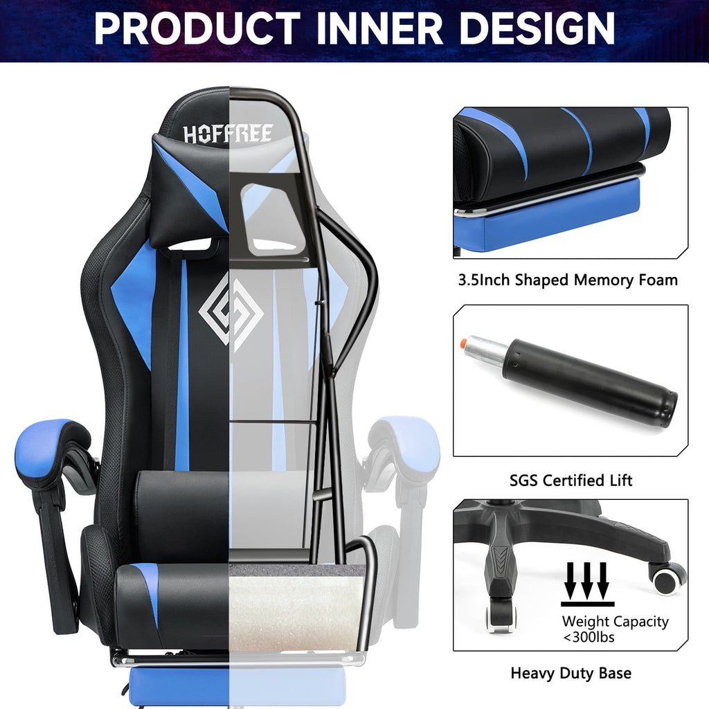 Hoffree Gaming Chair with Massage PU Leather Office Chair with Footrest and LED Light Ergonomic Gamer Chair Lumbar Support Adjustable Headrest High Back Computer Desk Chair for Home Office